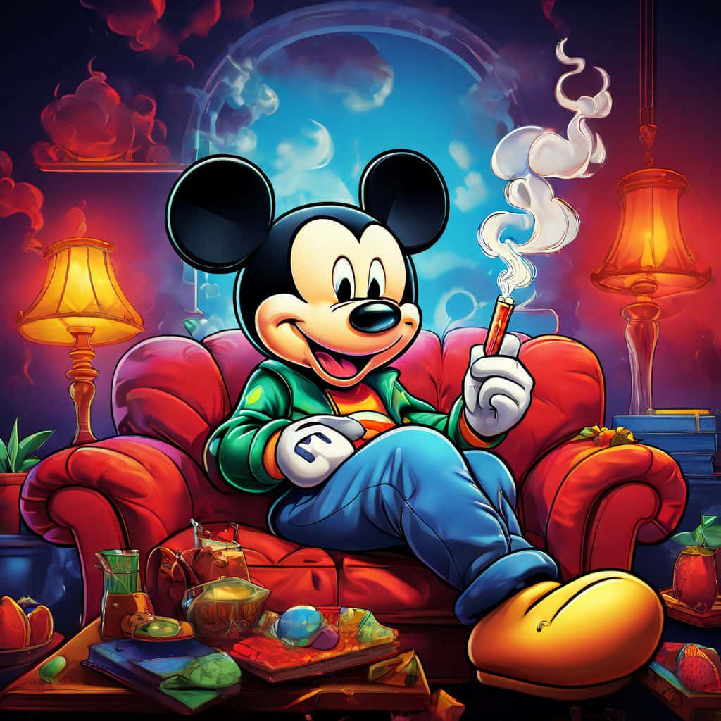 Gangster Mickey Mouse, red couch, glowing lamps, SD Desktop Wallpaper