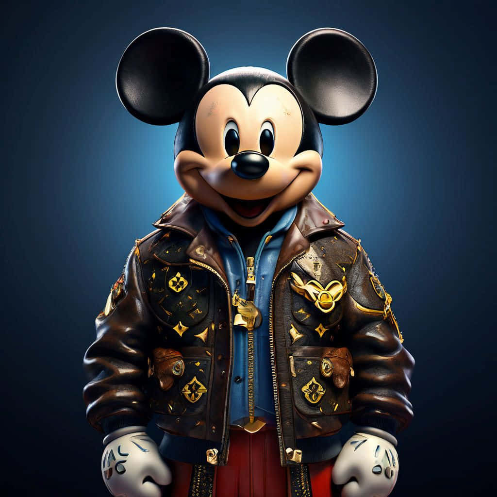 Gangster Mickey Mouse, brown leather jacket, gold Louis Vuitton monogram patches, SD Desktop Wallpaper
