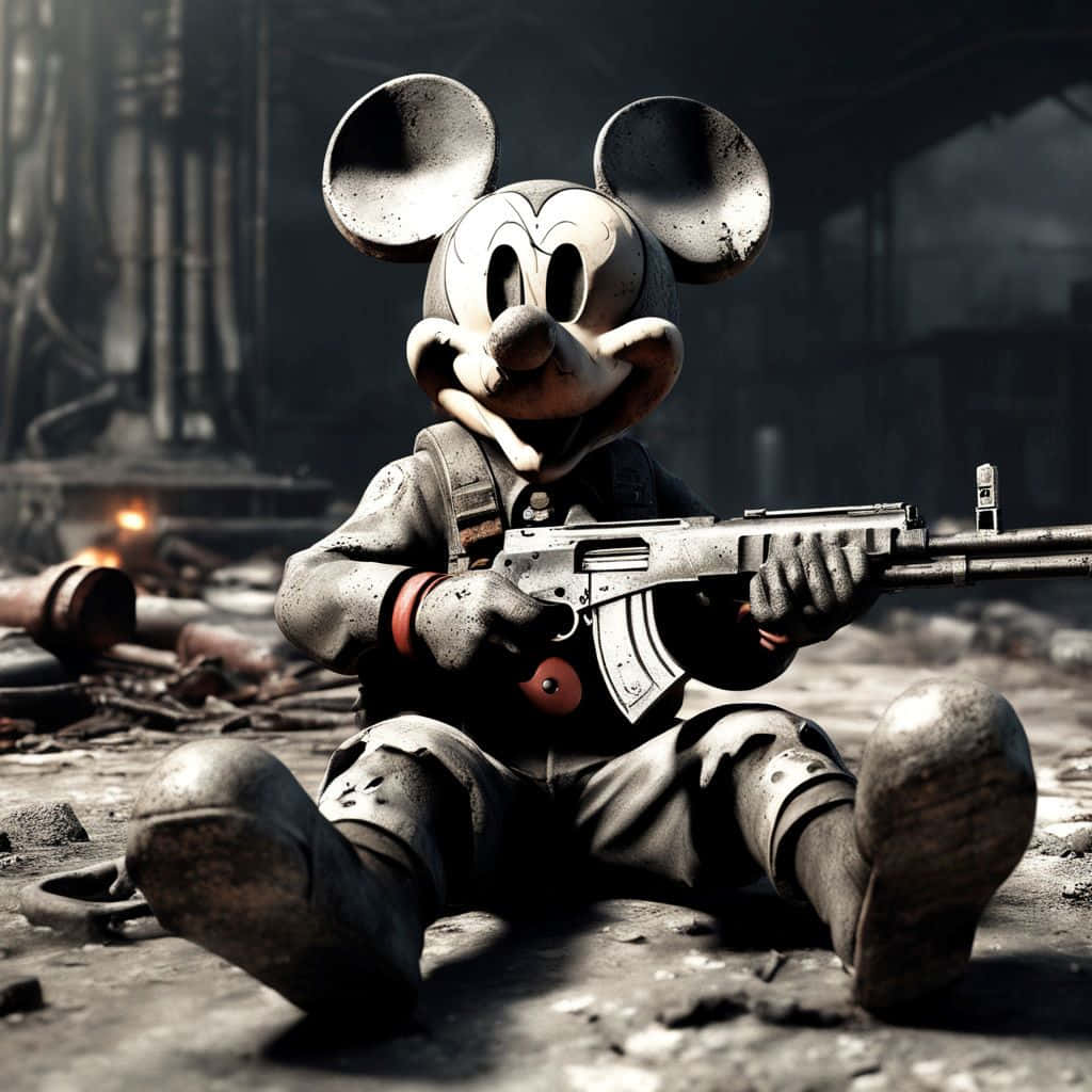 Gangster Mickey Mouse, assault rifle, ruined industrial setting, SD Desktop Wallpaper