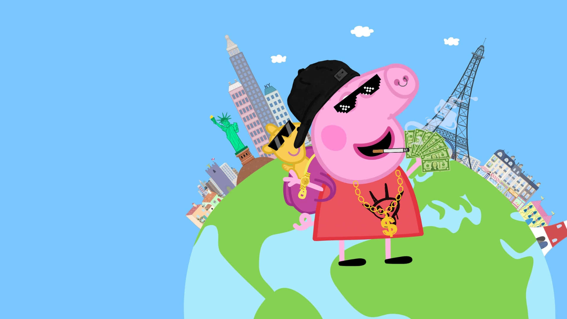 Gangster Peppa Pig, black cap, gold chains, Full HD Desktop Wallpaper