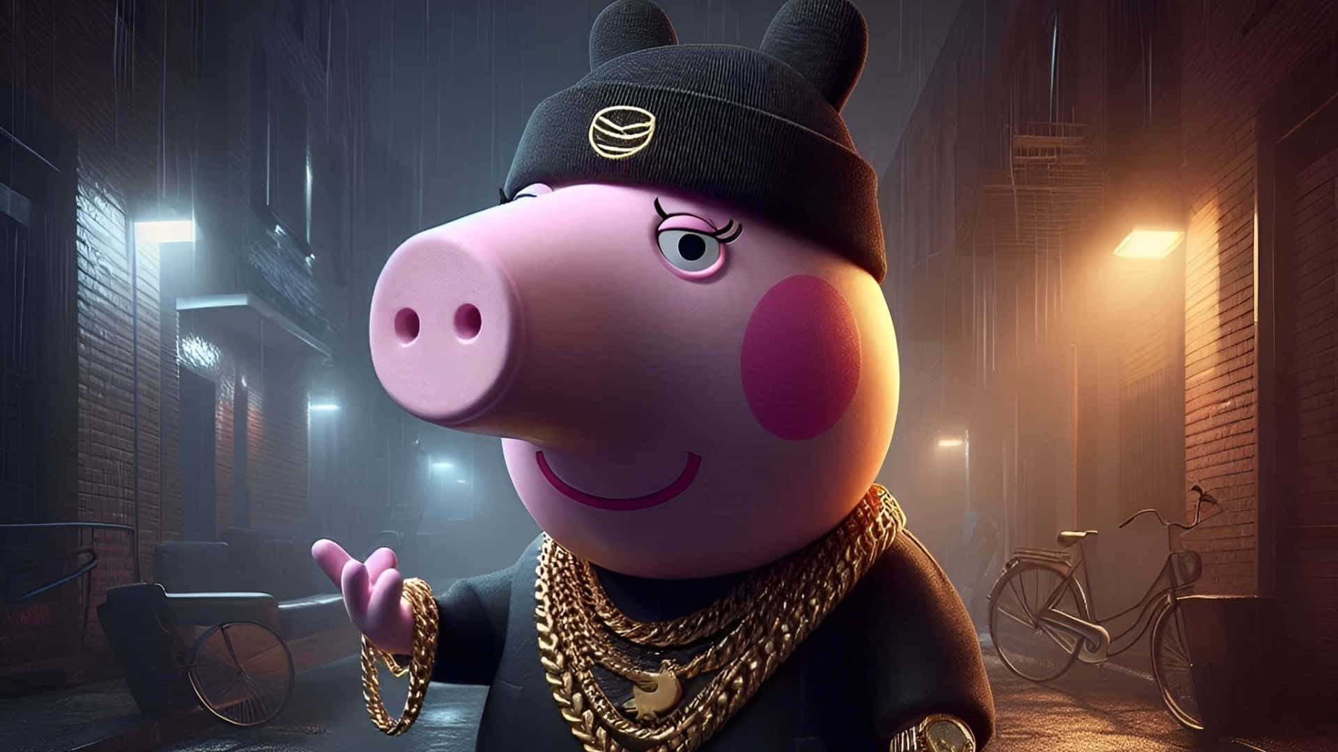 Peppa Pig, black beanie, gold chains, Full HD Desktop Wallpaper