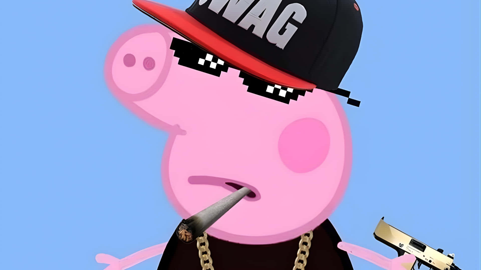 Gangster Peppa Pig, black cap with 'SWAG', pixelated sunglasses, Full HD Desktop Wallpaper