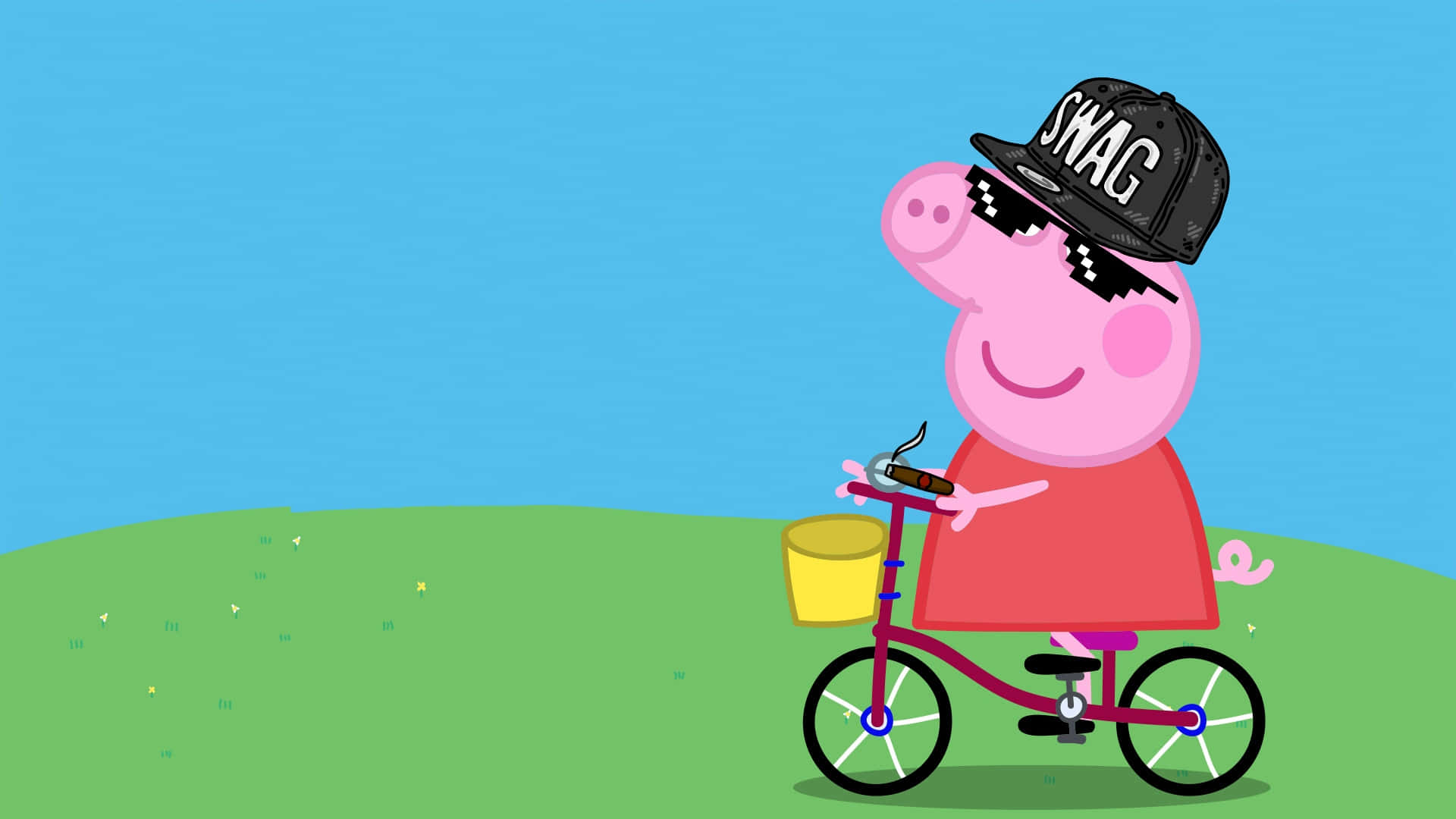 Gangster Peppa Pig, purple tricycle, green hill, Full HD Desktop Wallpaper