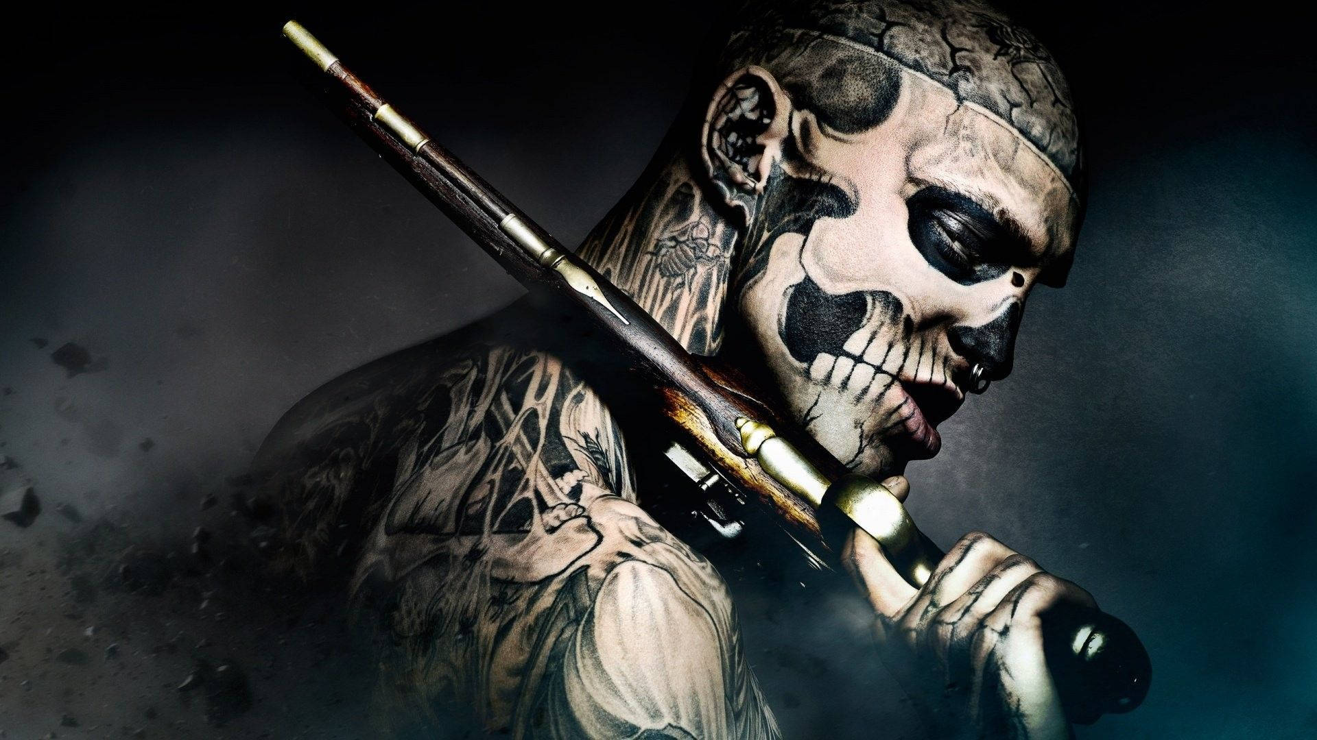 Gangster Skeleton, tattooed man, skull face paint, Full HD Desktop Wallpaper