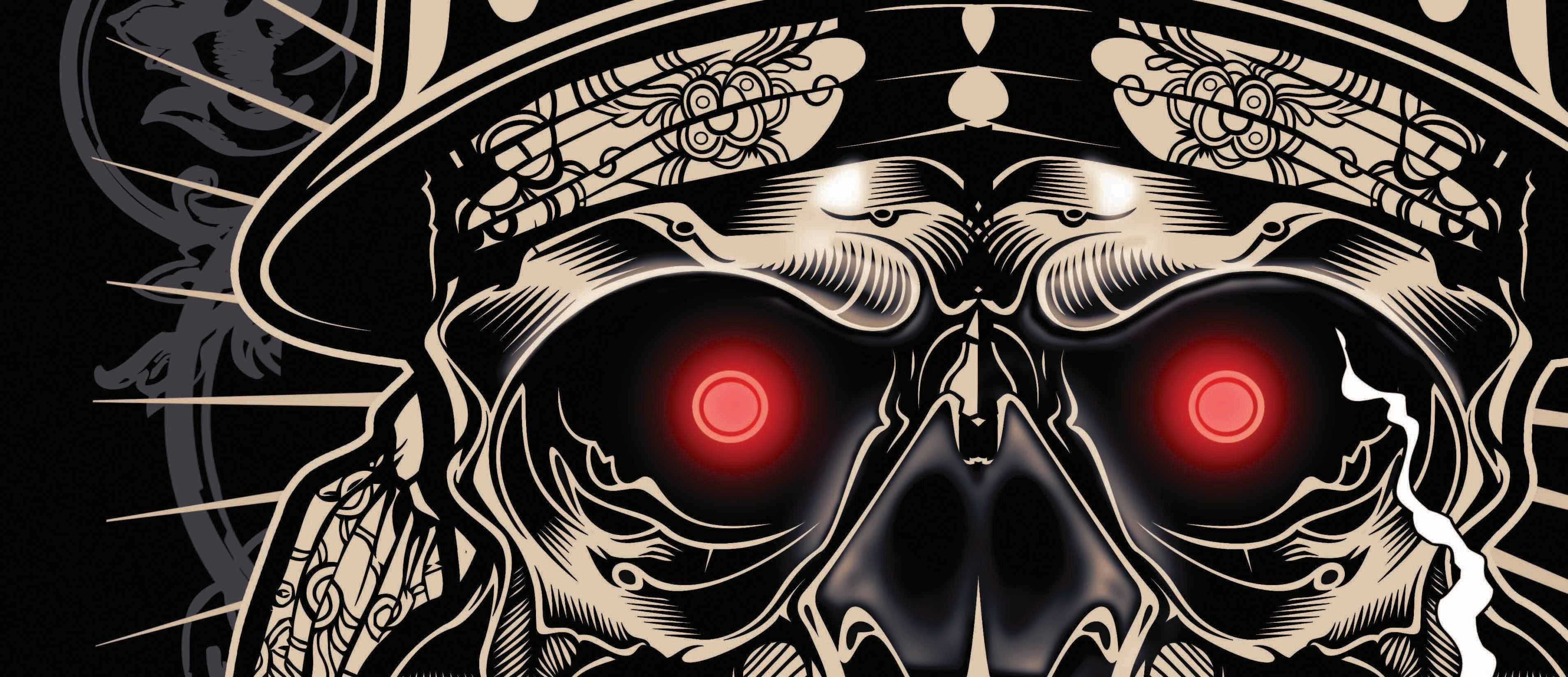 Gangster Skeleton, glowing red eyes, ornate headdress, 2K Desktop Wallpaper