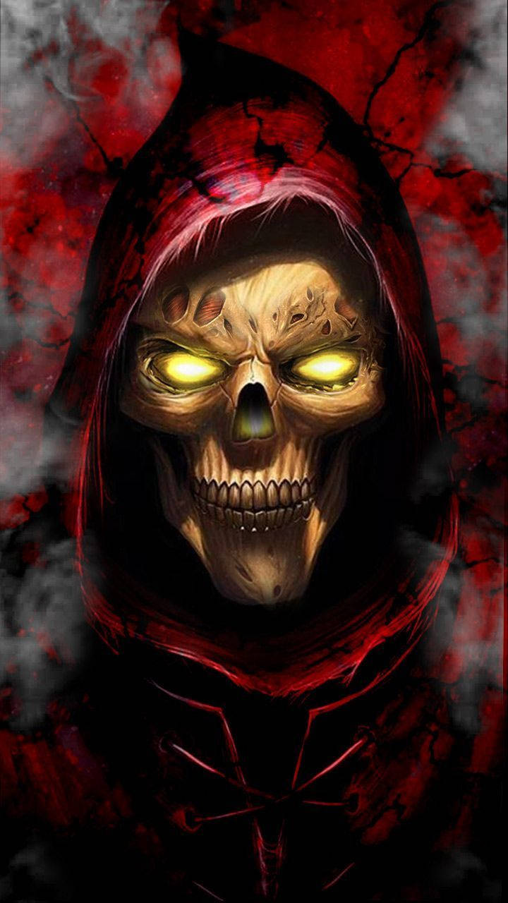 Gangster Skeleton, red hood, glowing yellow eyes, HD Phone Wallpaper