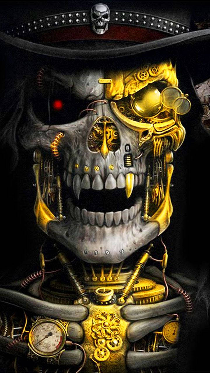 gangster skeleton, steampunk skull, gold gears goggles, HD Phone Wallpaper