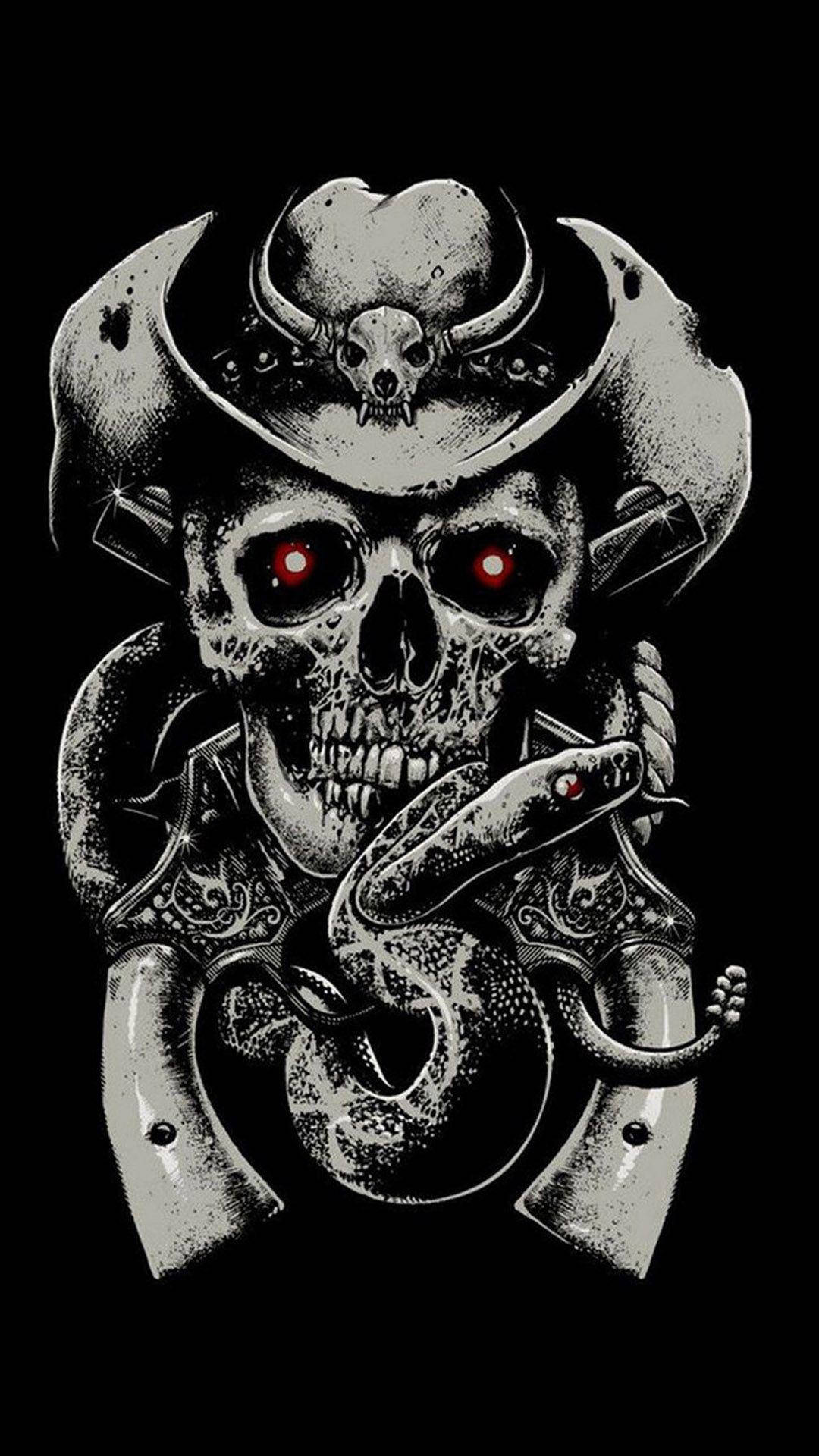 gangster skeleton, cowboy hat, glowing red eyes, Full HD Phone Wallpaper