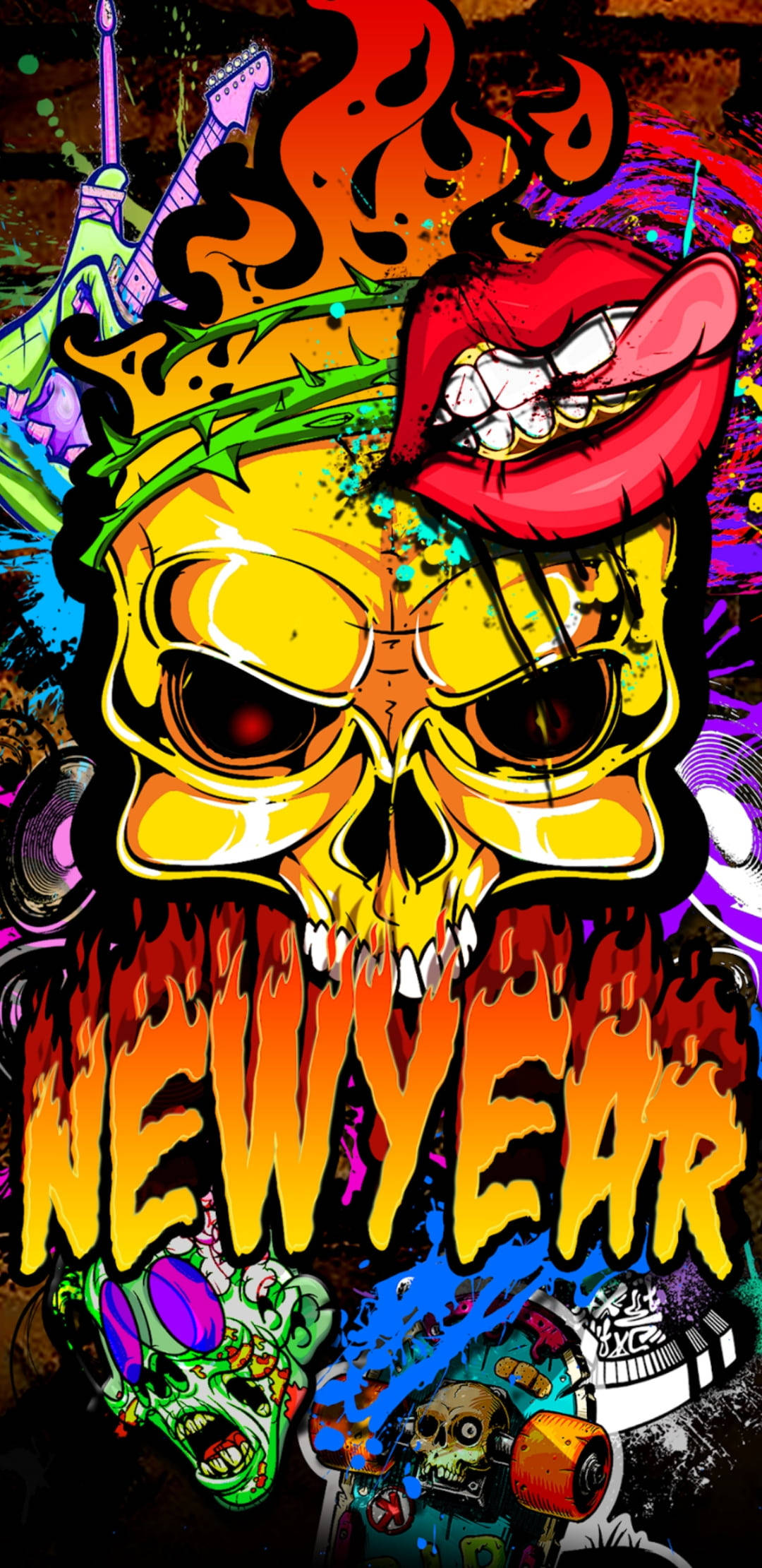 Gangster Skeleton, graffiti-style skull, crowned with thorns, Full HD Phone Wallpaper