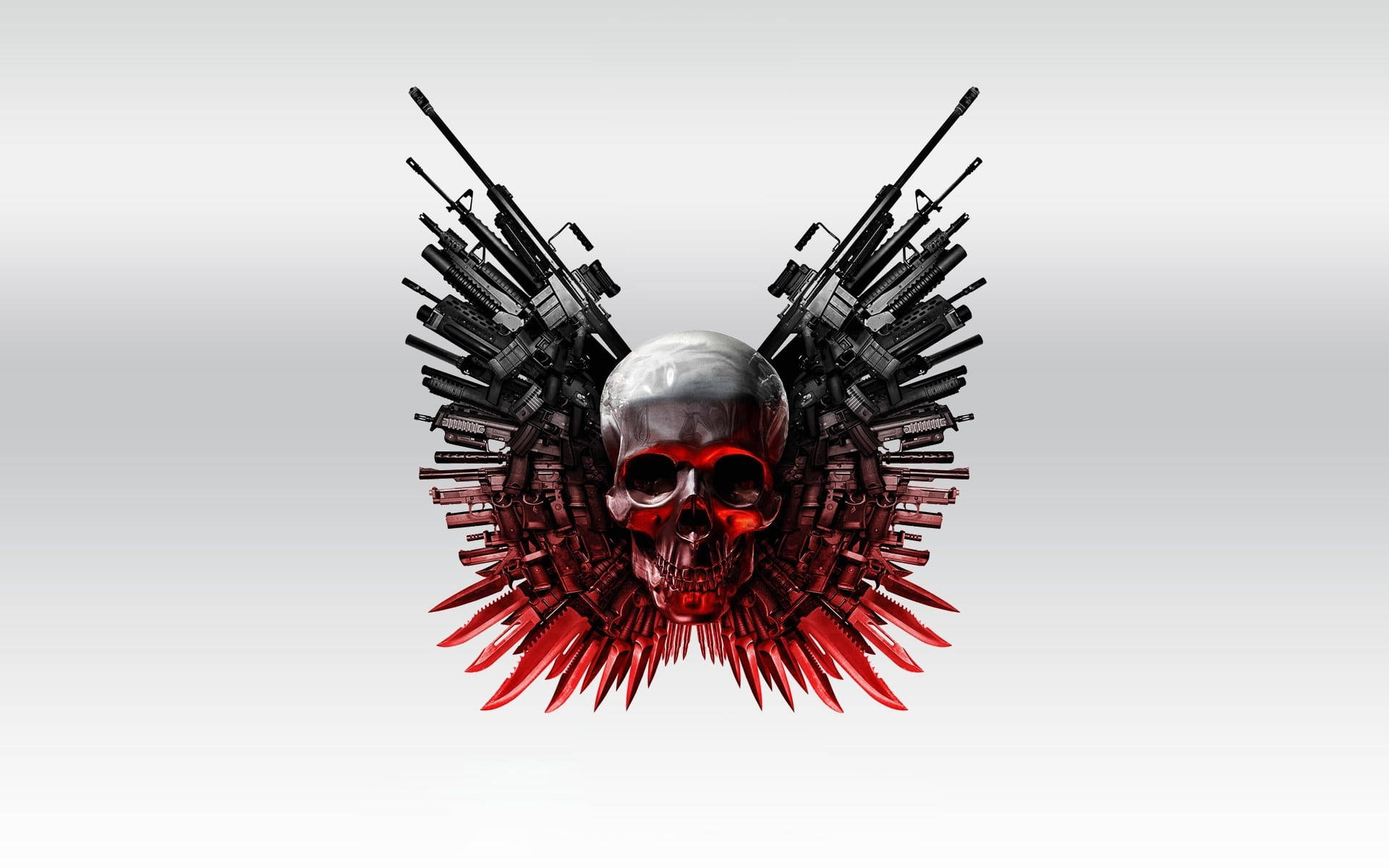 Gangster Skeleton, glowing red eyes, machine guns, Full HD Desktop Wallpaper