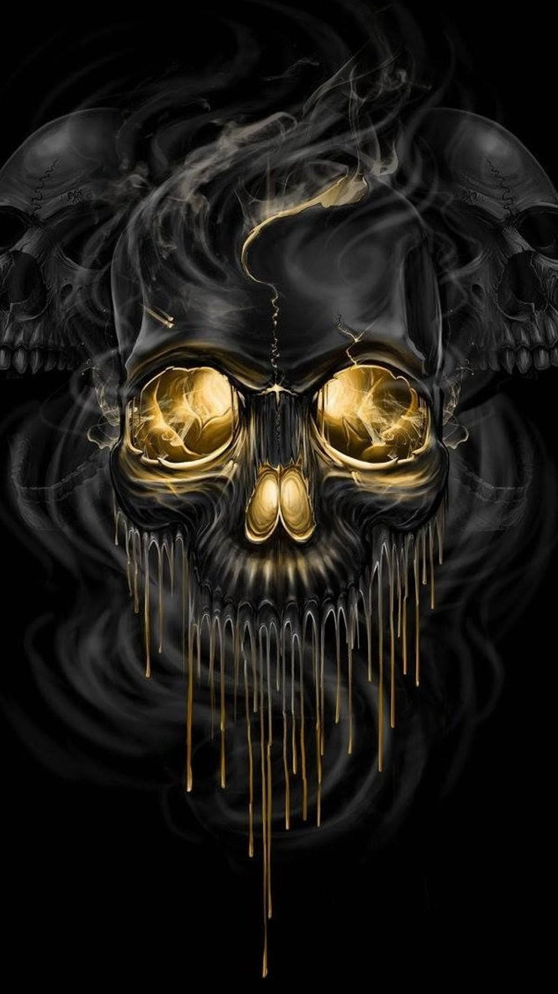 black skull, glowing golden eyes, dripping gold liquid, Full HD Phone Wallpaper