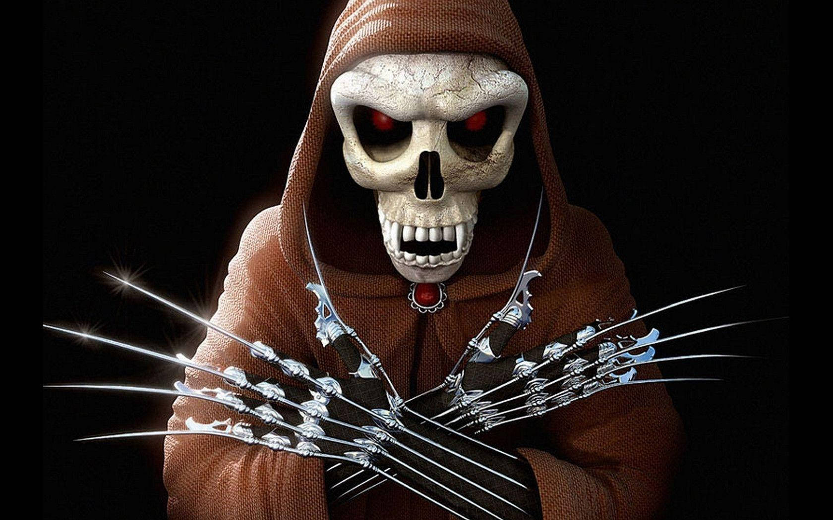 Gangster Skeleton, brown hooded robe, gleaming silver claws, HD Desktop Wallpaper