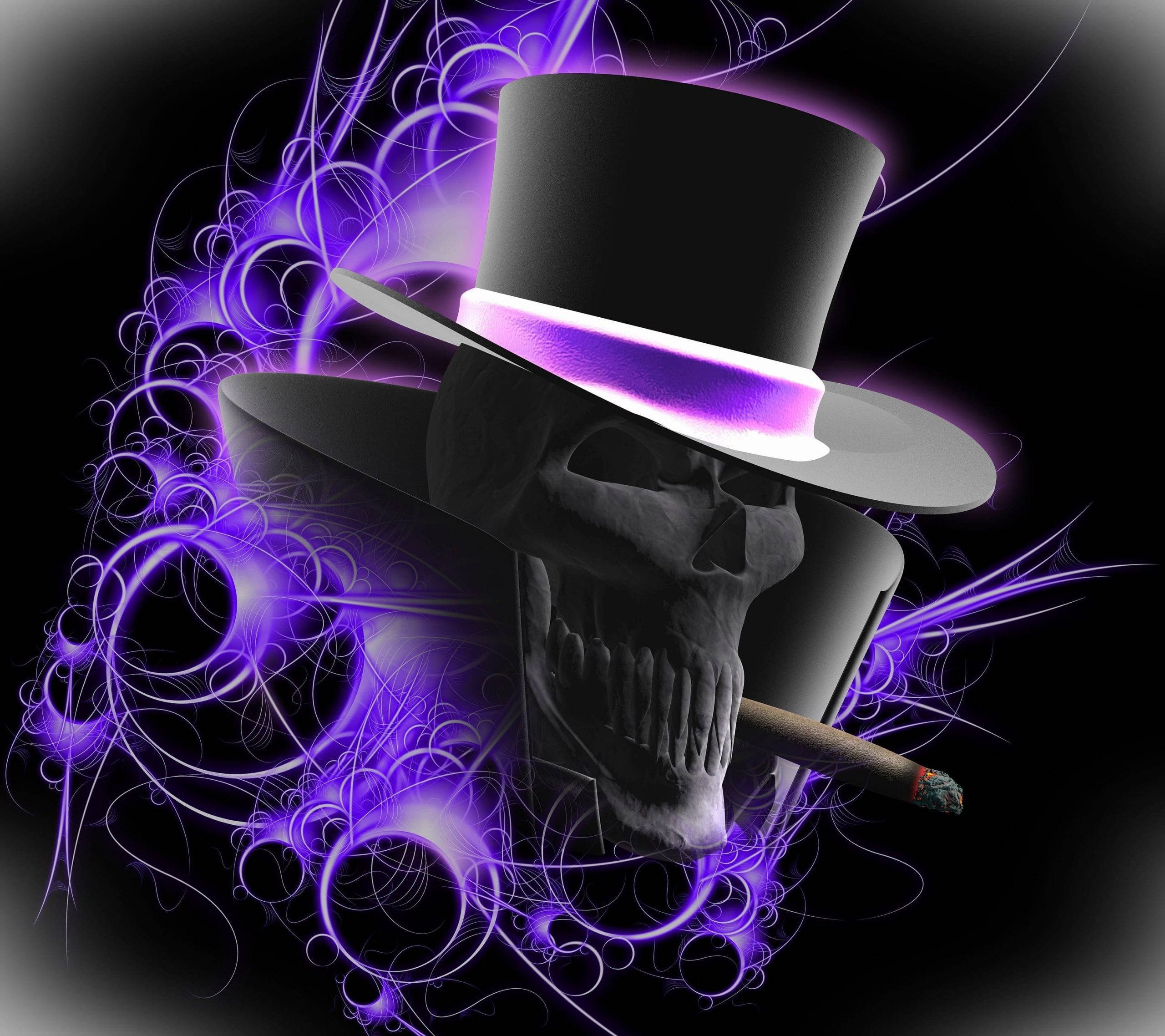 Gangster Skeleton, top hat, glowing purple aura, 2K Desktop Wallpaper