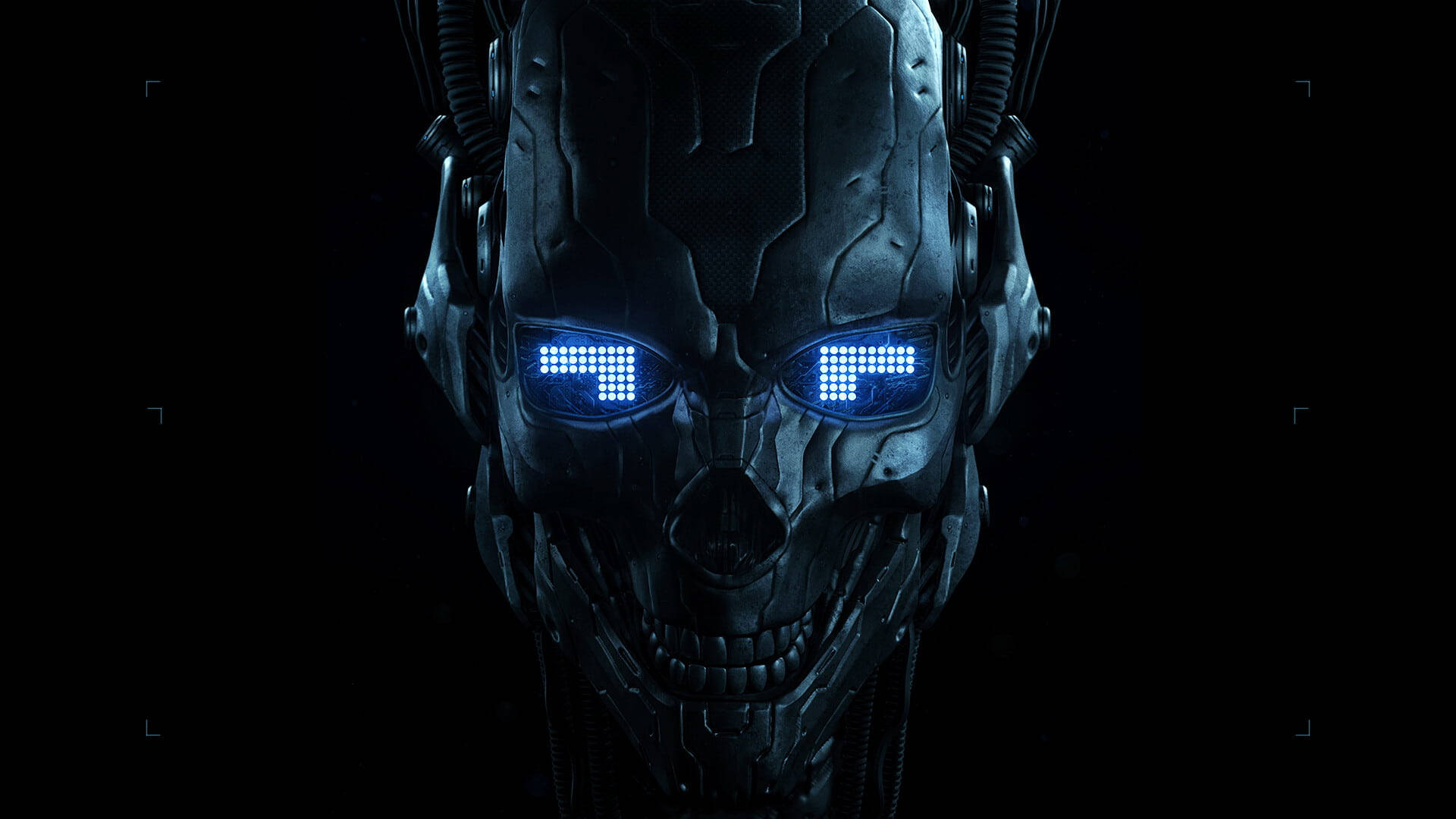 robotic gangster skull, glowing blue pixelated eyes, darkness, Full HD Desktop Wallpaper