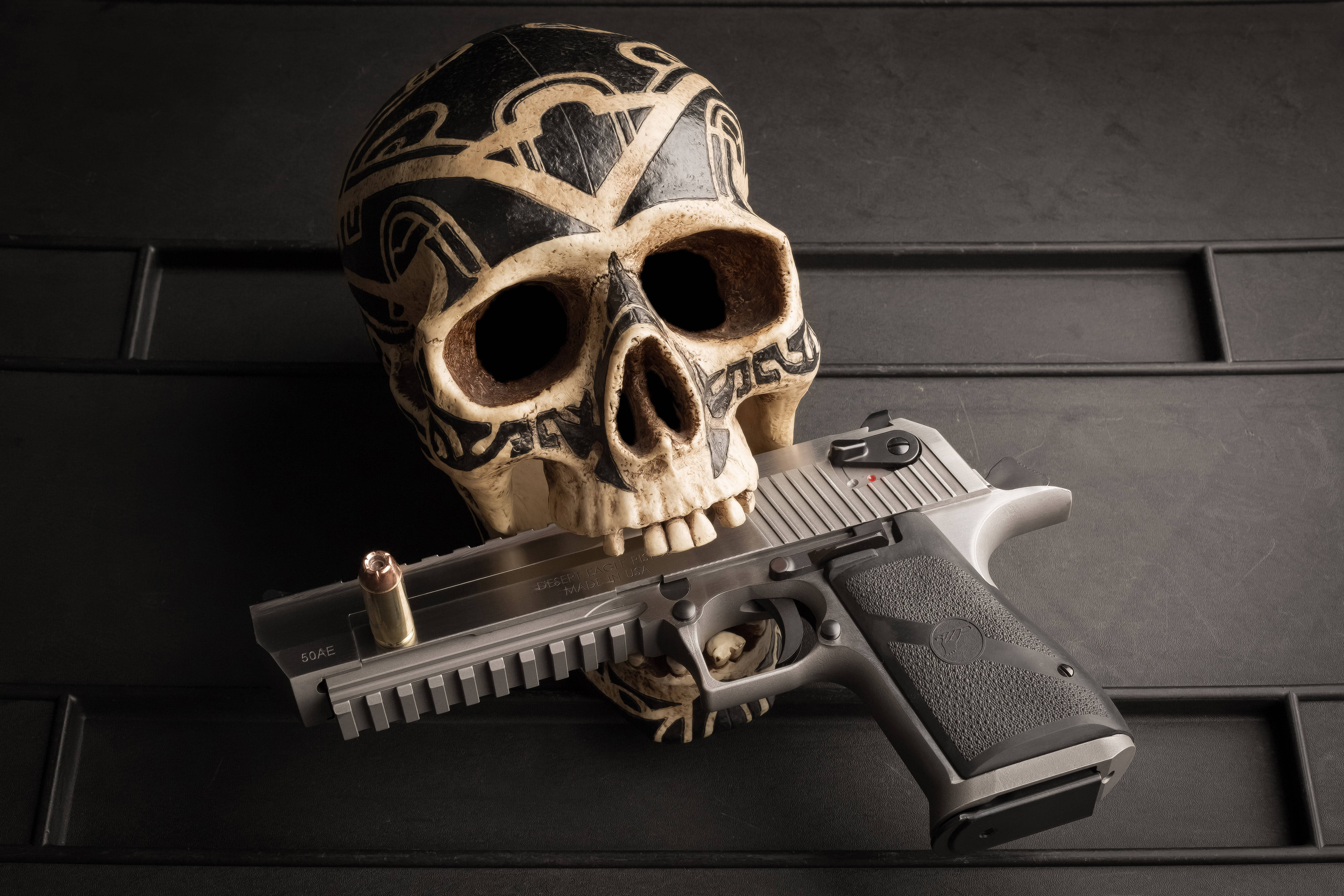 Gangster Skull, tribal patterns, silver handgun, 5K Desktop Wallpaper