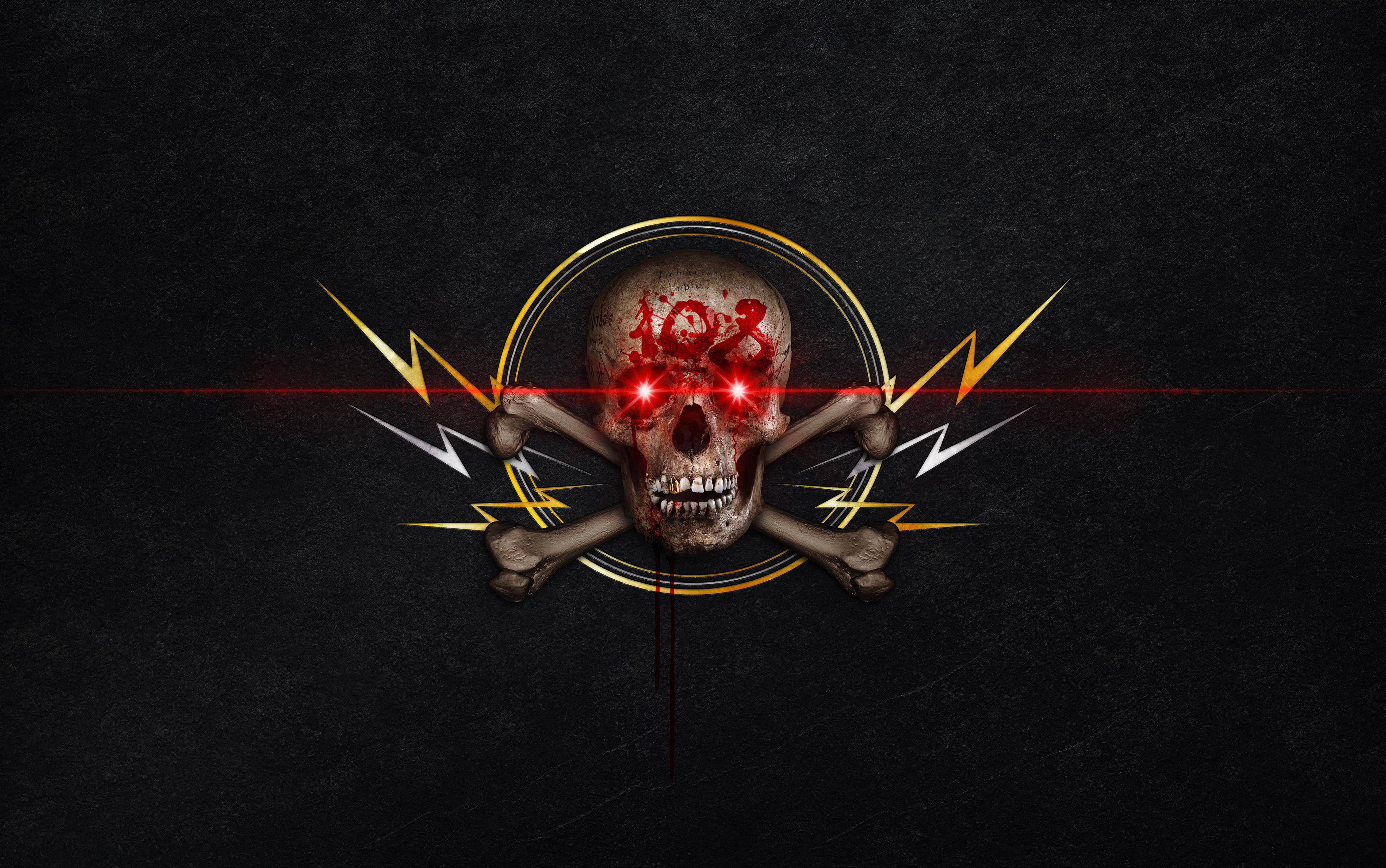 Gangster Skull, glowing red eyes, bloodied '108' text, 4K Desktop Wallpaper