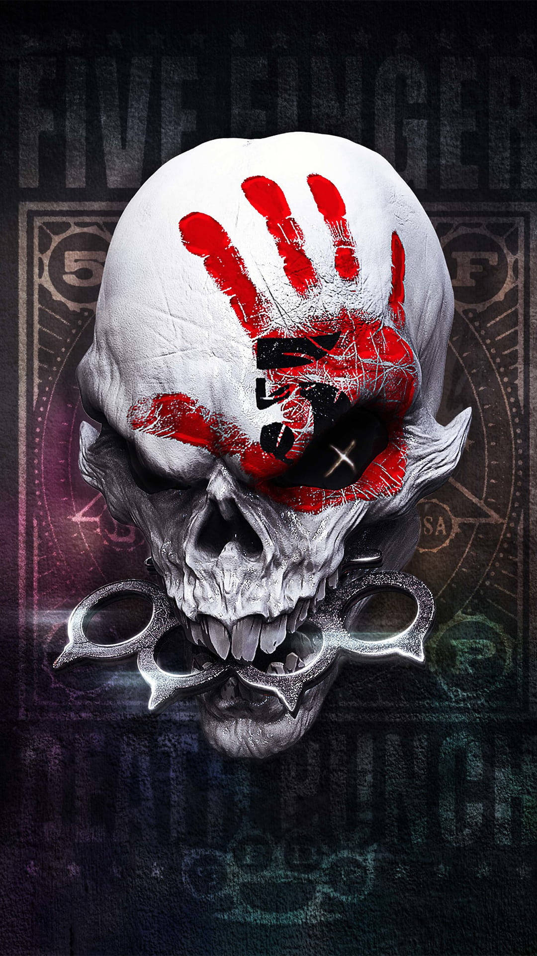 White Gangster Skull, red handprint, brass knuckles, Full HD Phone Wallpaper
