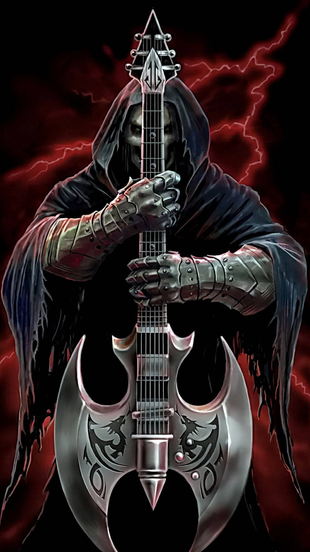 Gangster Skull, silver axe guitar, red lightning storm, Full HD Phone Wallpaper