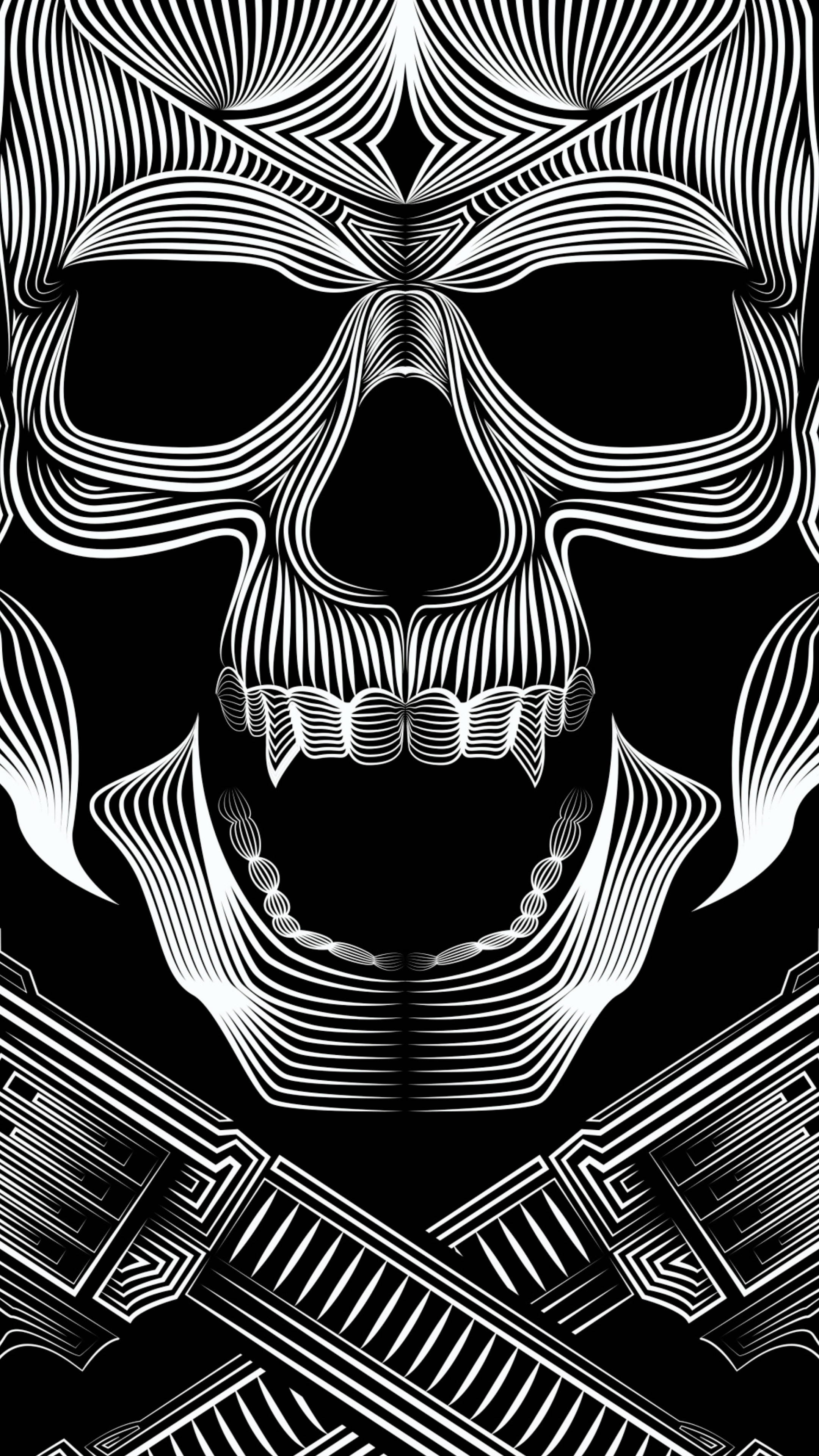 skull, crossed guns, black and white, 4K Phone Wallpaper