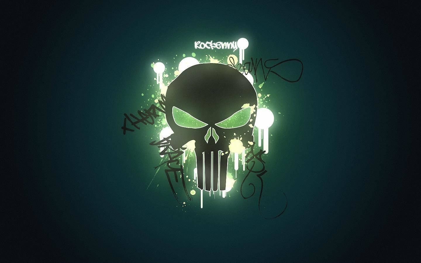 black skull hacker, glowing green skull, graffiti splatters, HD Desktop Wallpaper
