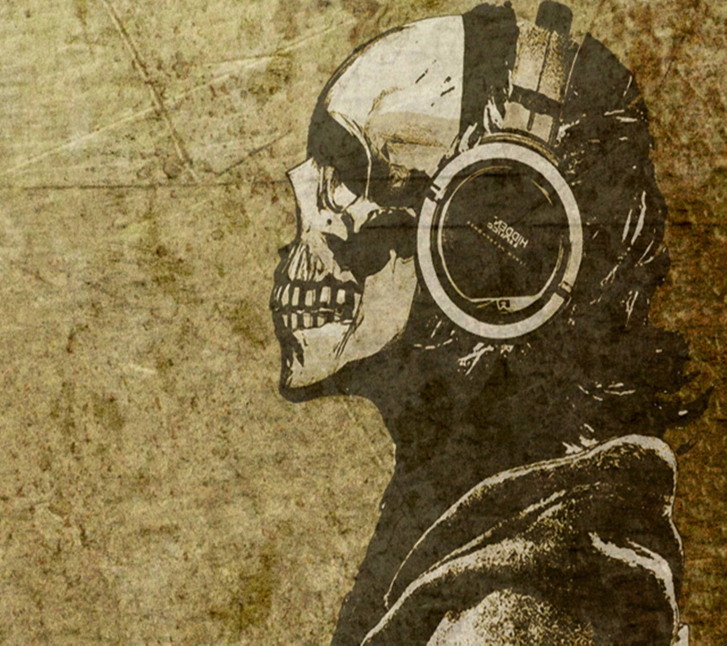 Gangster Skull, headphones, textured vintage brown background, HD Desktop Wallpaper