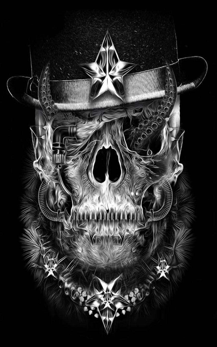 Gangster Skull, star-adorned cowboy hat, ornate jewelry, HD Phone Wallpaper