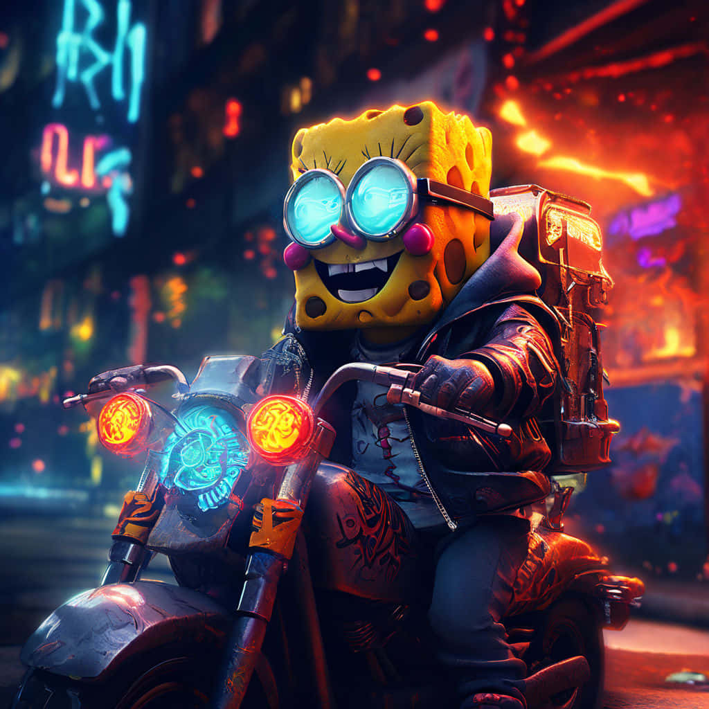Gangster Spongebob, motorcycle, neon-lit motorcycle, SD Desktop Wallpaper