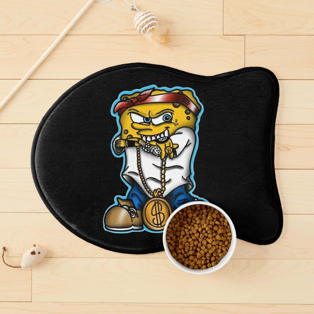Gangster Spongebob, black cat-shaped mat, gold chains, SD Desktop Wallpaper