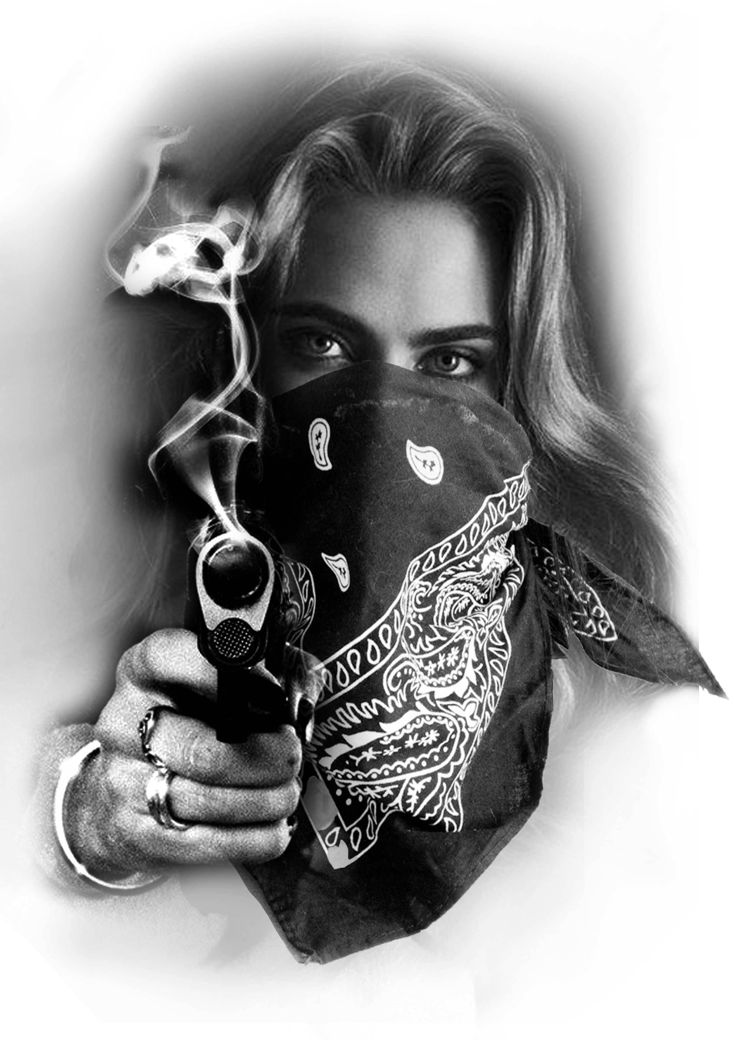 bandana, smoking revolver, black and white portrait, 2K Phone Wallpaper