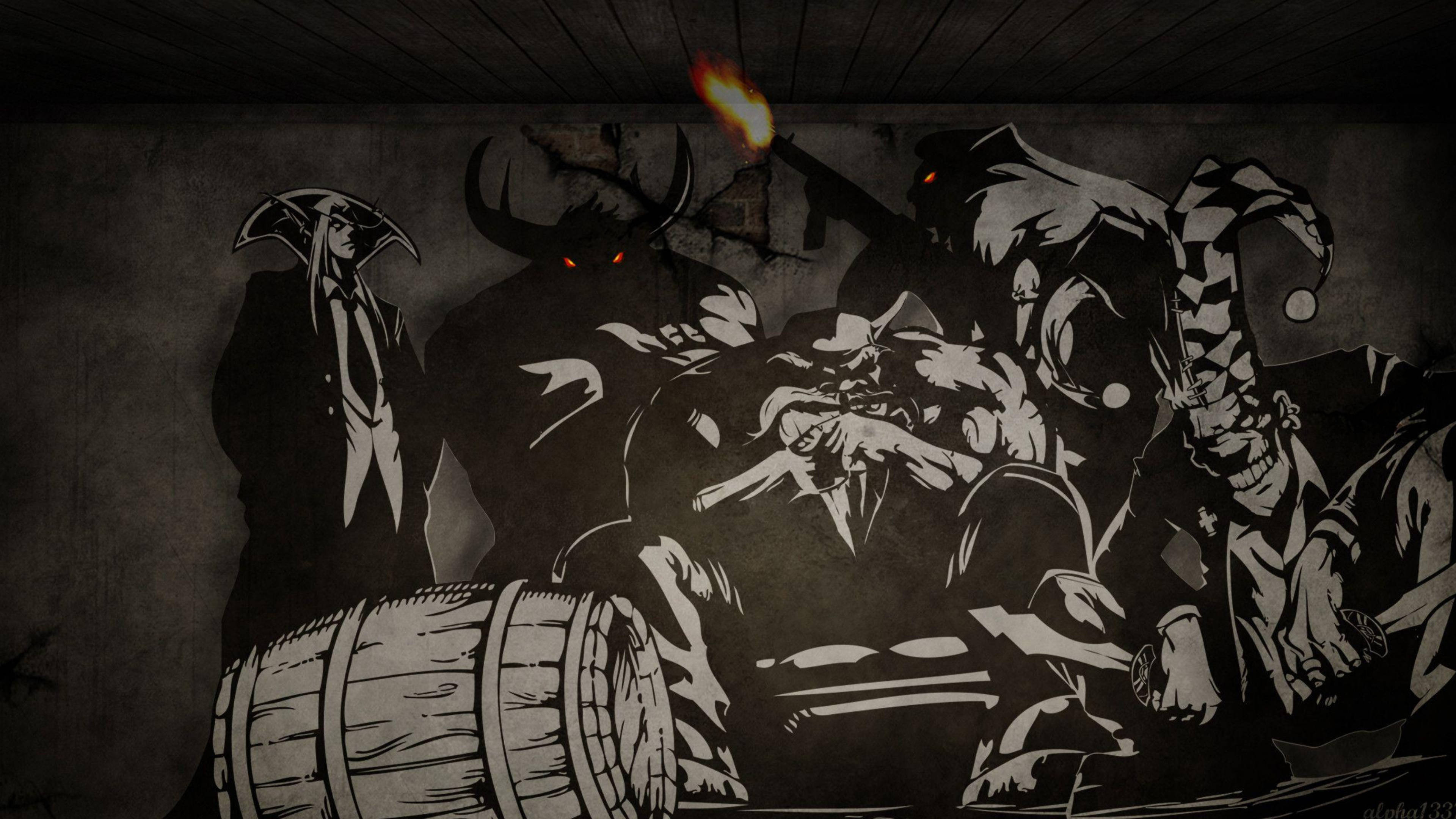 Gangster Creatures, glowing eyes, flaming torch, 4K Desktop Wallpaper