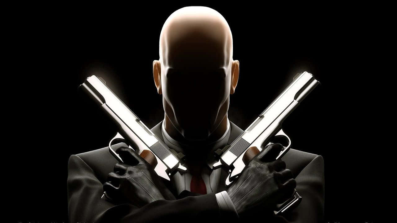 bald man, suit, two crossed pistols, HD Desktop Wallpaper