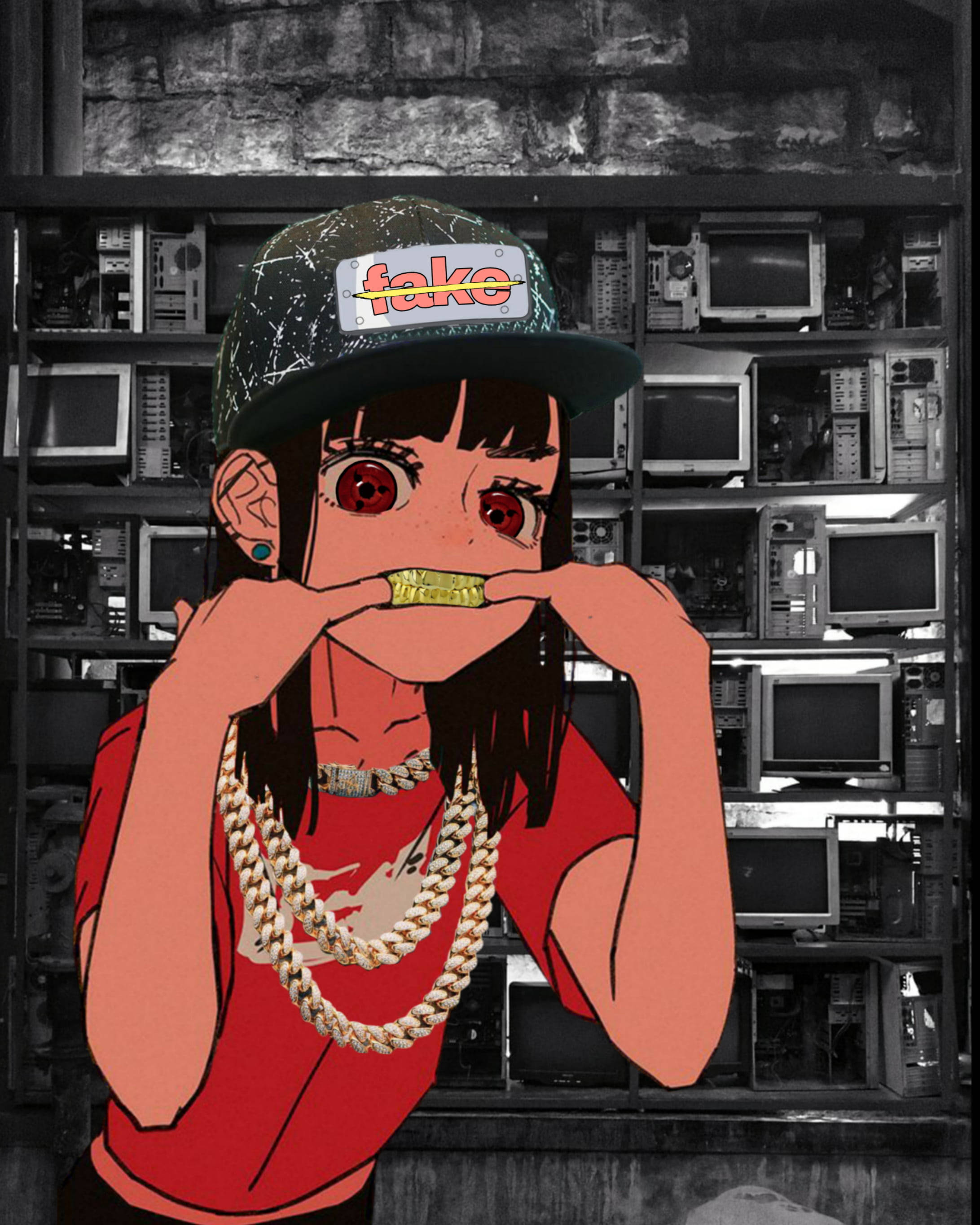 anime girl, red eyes, fake cap, 2K Phone Wallpaper