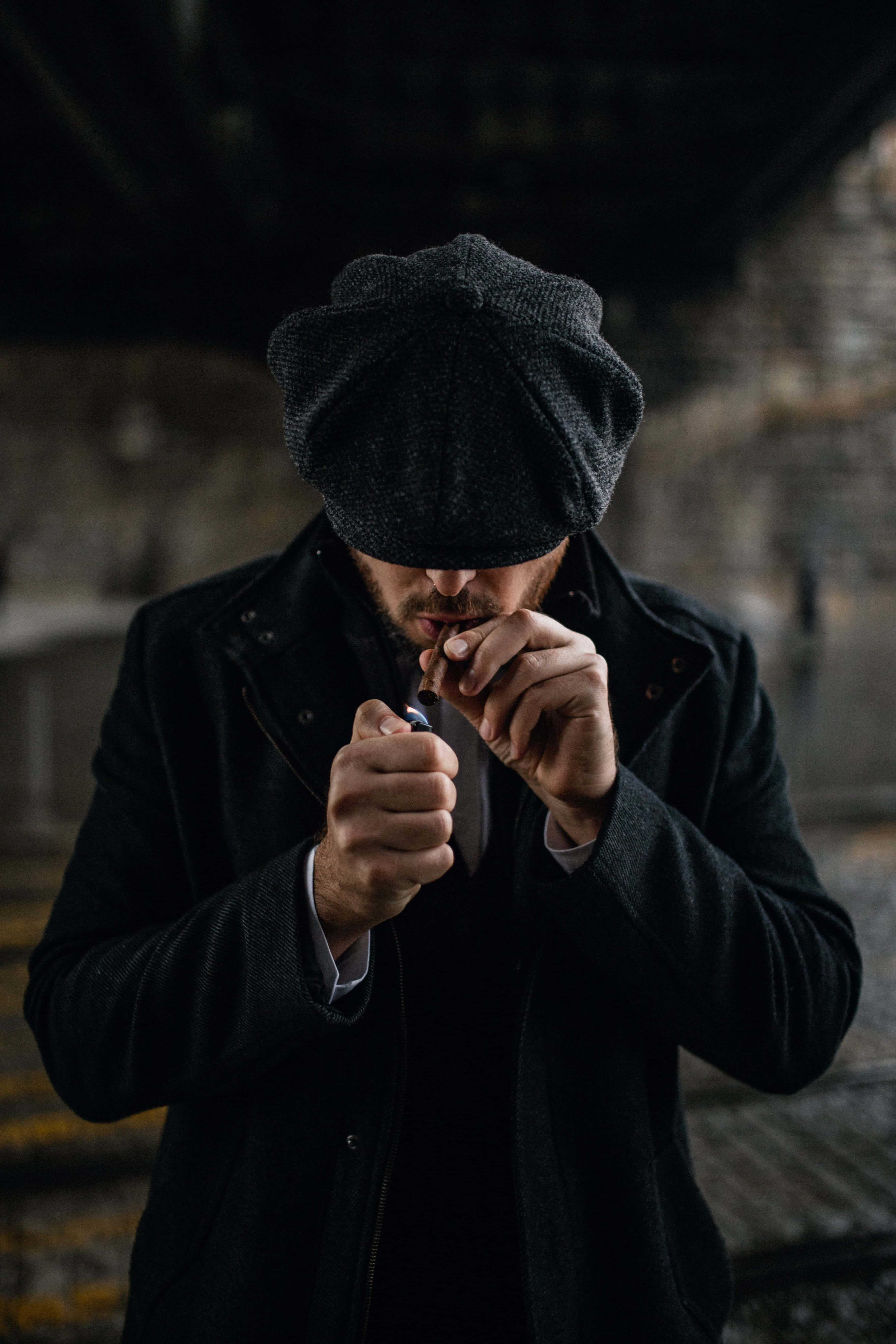 black gangster, man in black gangster trench coat, dark flat cap, 5K Phone Wallpaper