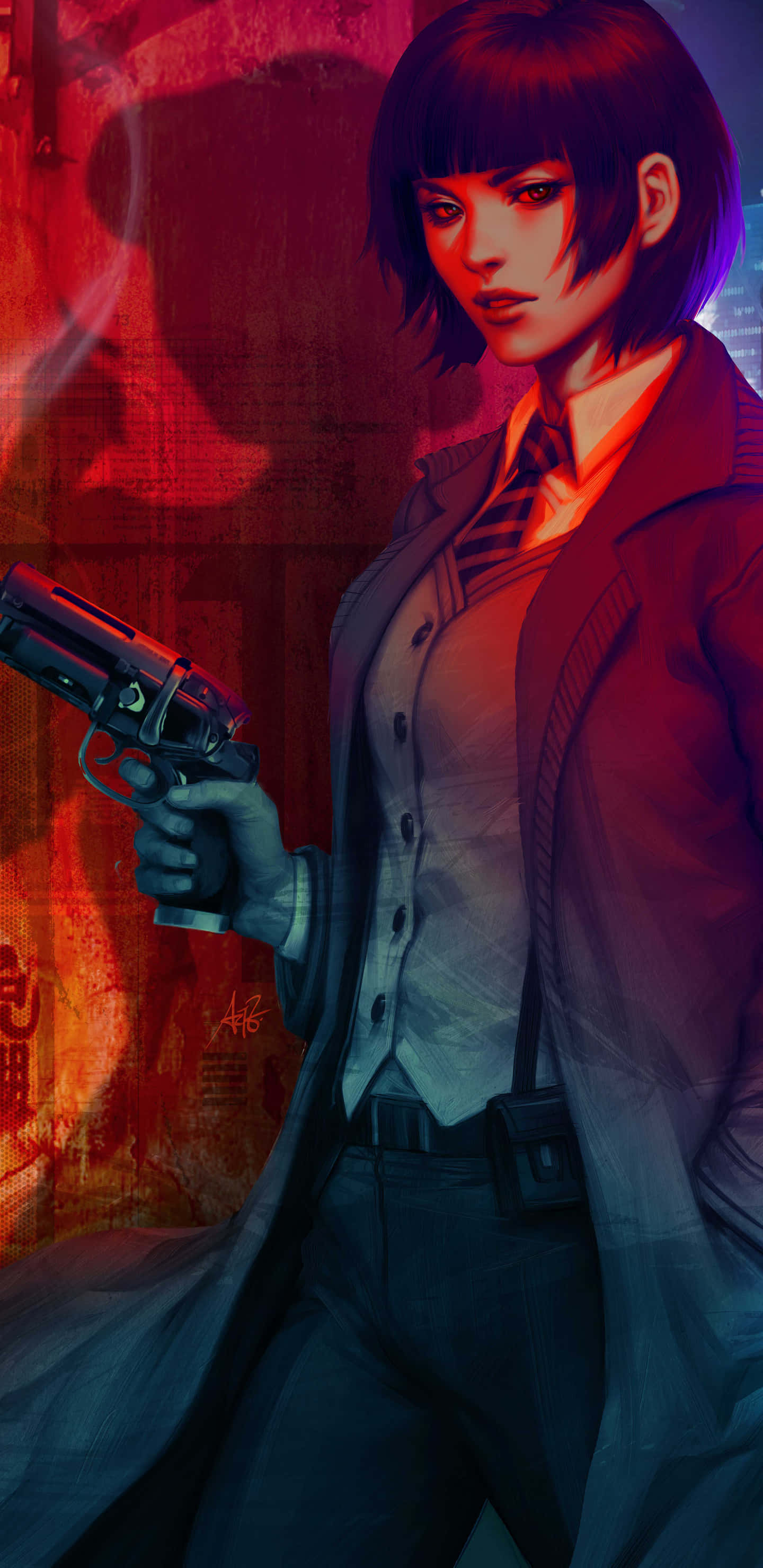 female gangsters, revolver, short dark hair, 2K Phone Wallpaper