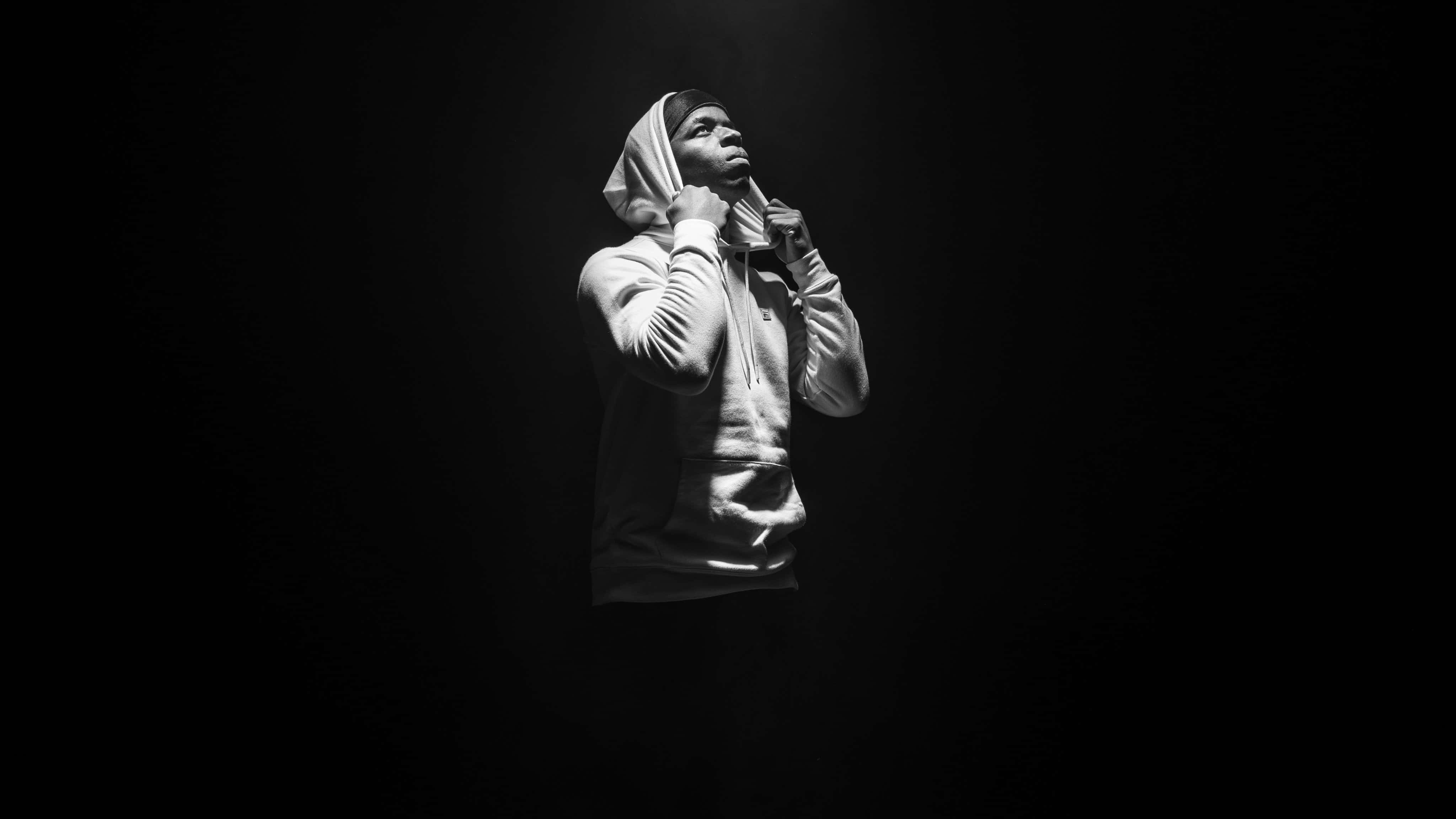 black gangster, hoodie, spotlight, 4K Desktop Wallpaper