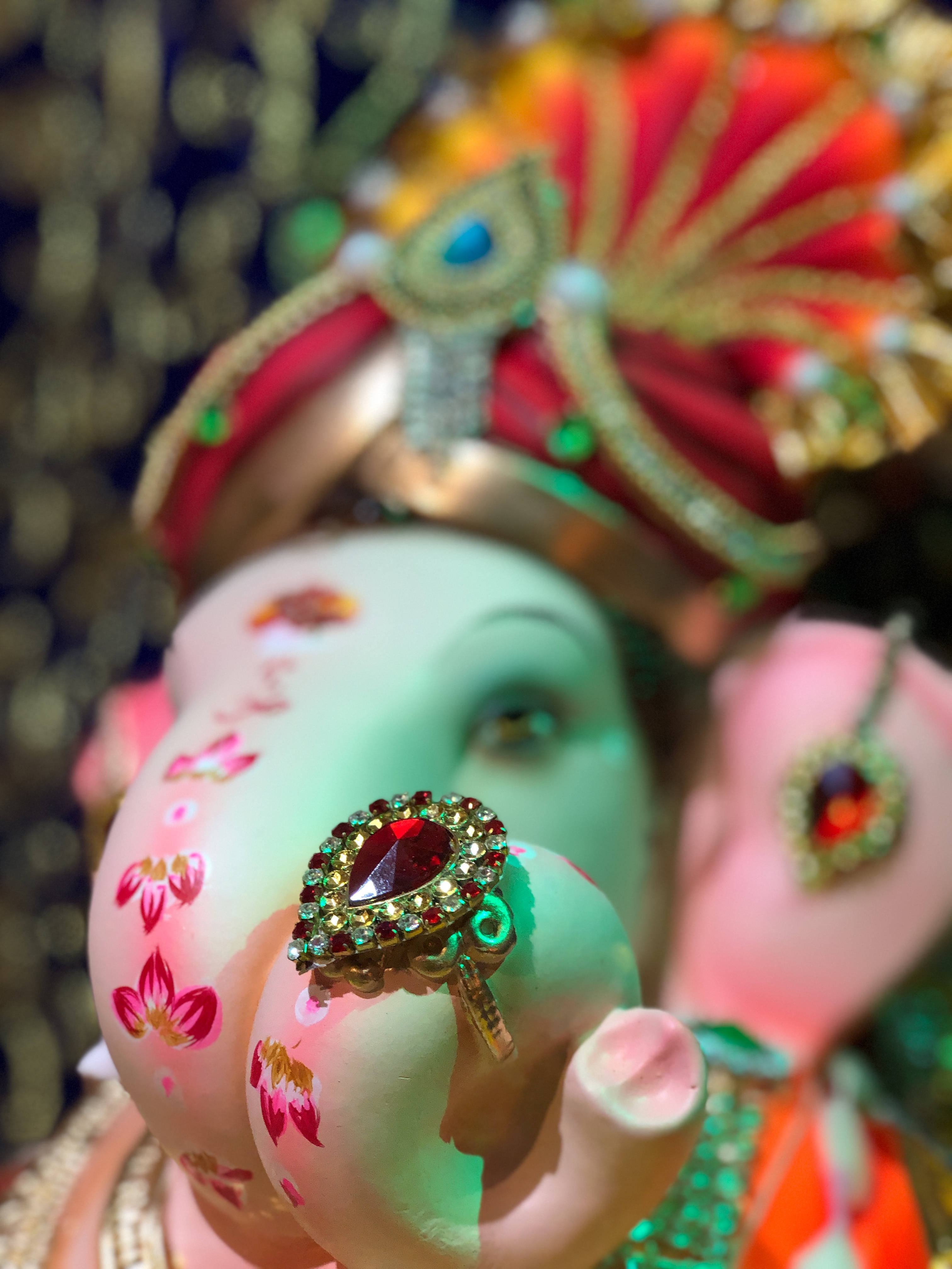 Ganpati Bappa, pink Ganesha statue, floral patterns, 4K Phone Wallpaper
