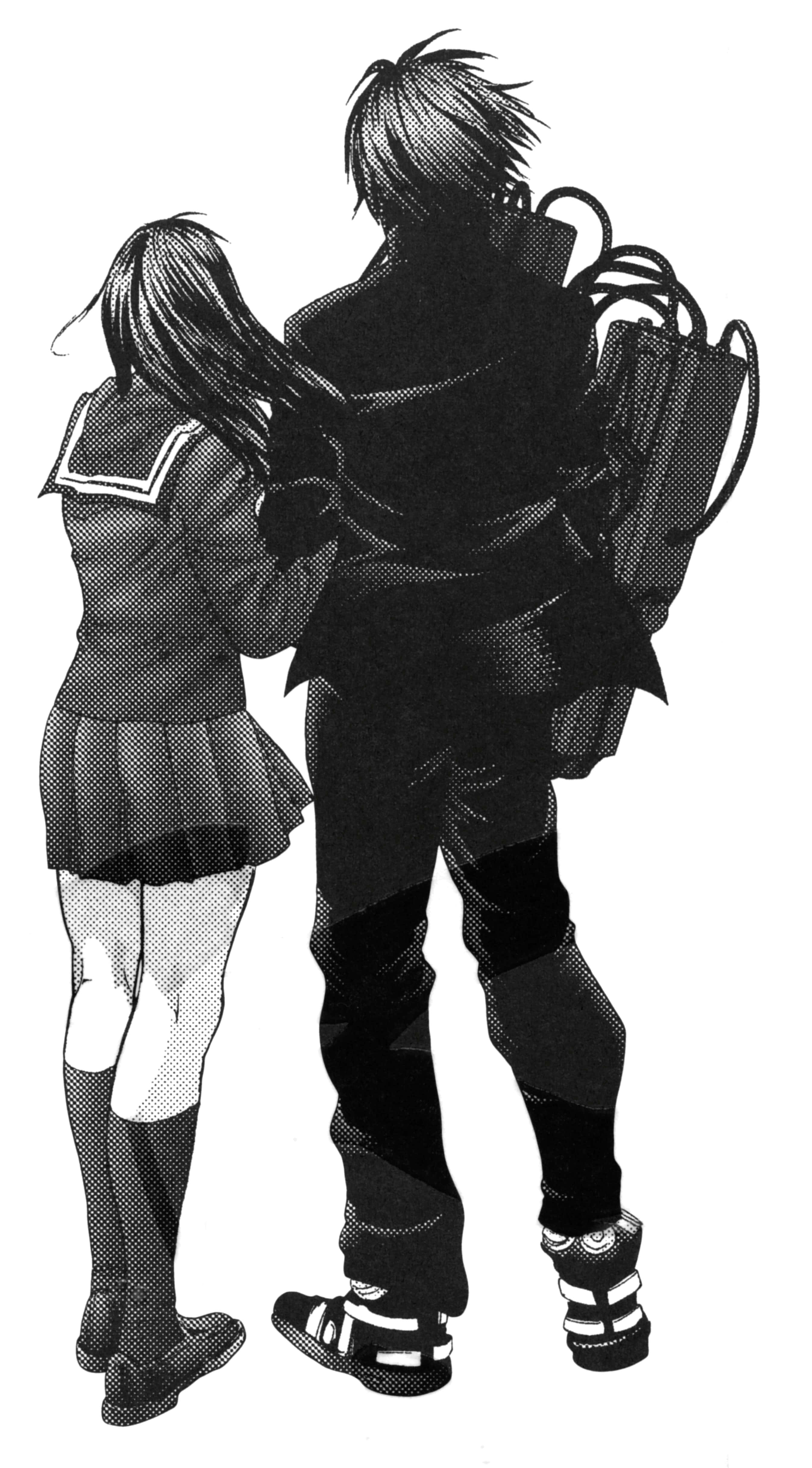 Gantz Kei Kurono, school uniform, black and white manga-style illustration, 4K Phone Wallpaper