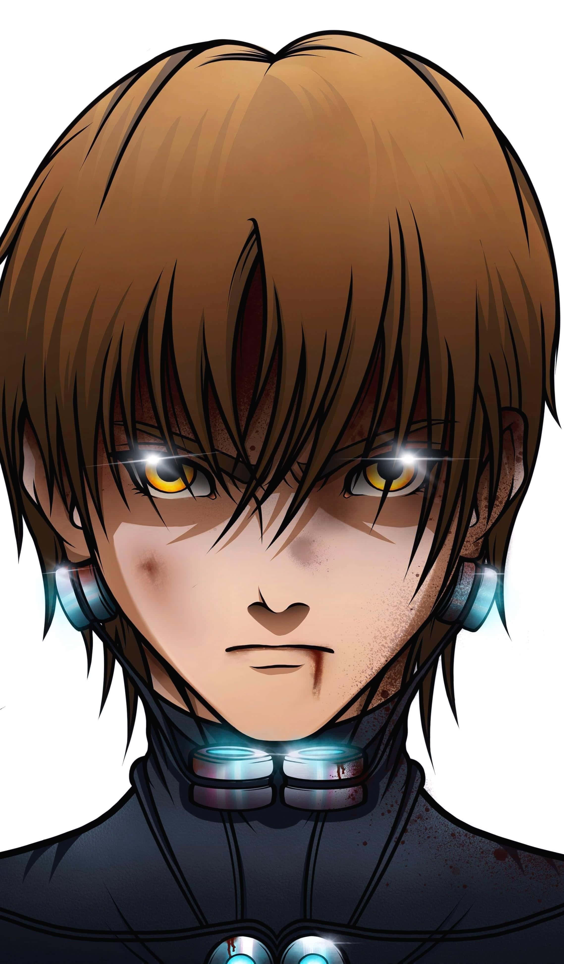 Gantz Kei Kurono, brown hair, glowing yellow eyes, 4K Phone Wallpaper