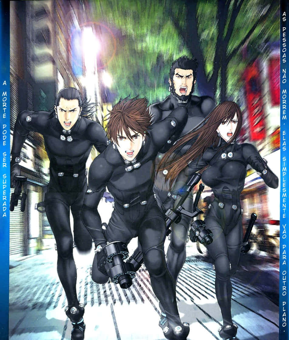 Gantz, teamin action, neon-lit urban street, SD Phone Wallpaper