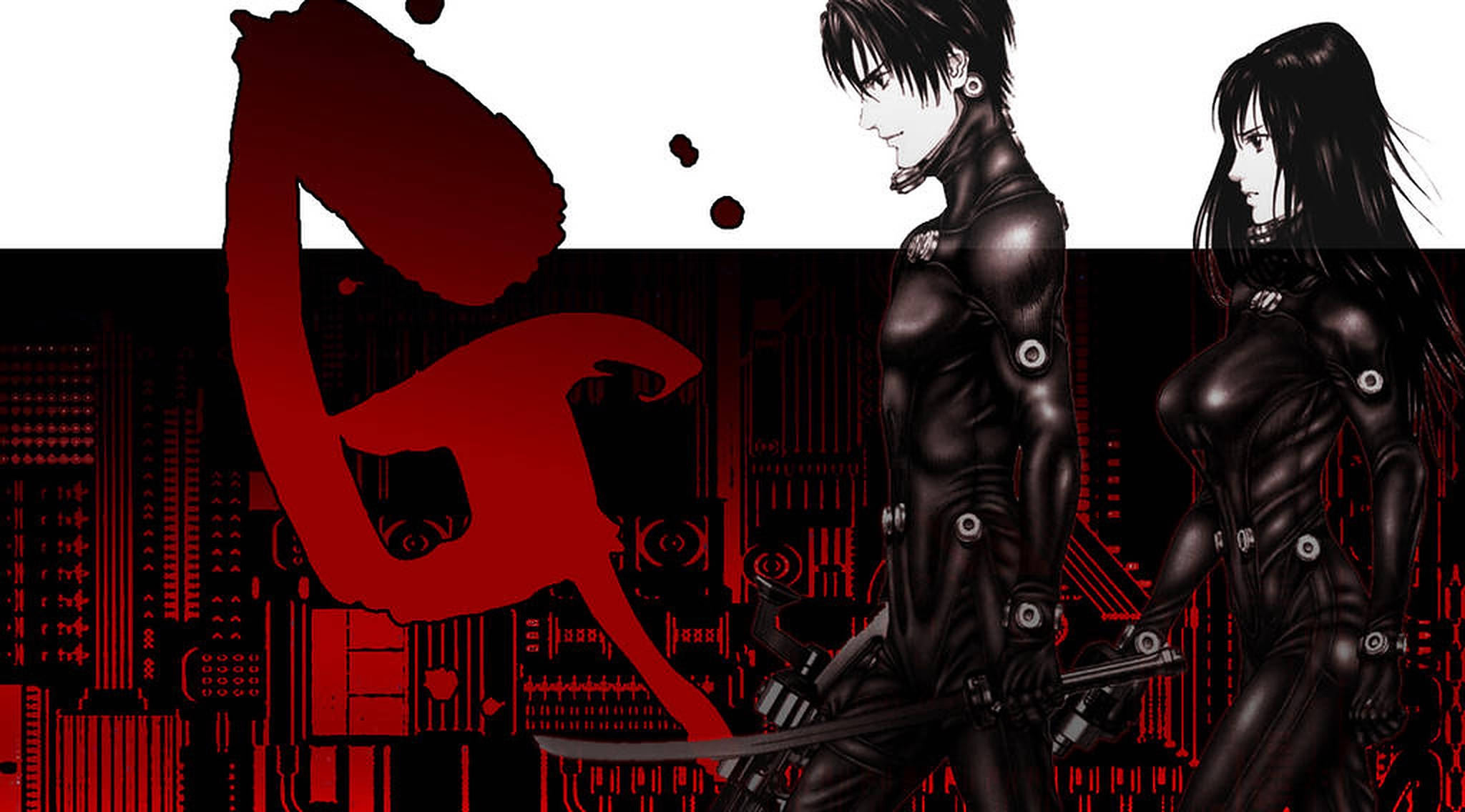 Gantz, black bodysuits, red circuit board background, Full HD Desktop Wallpaper