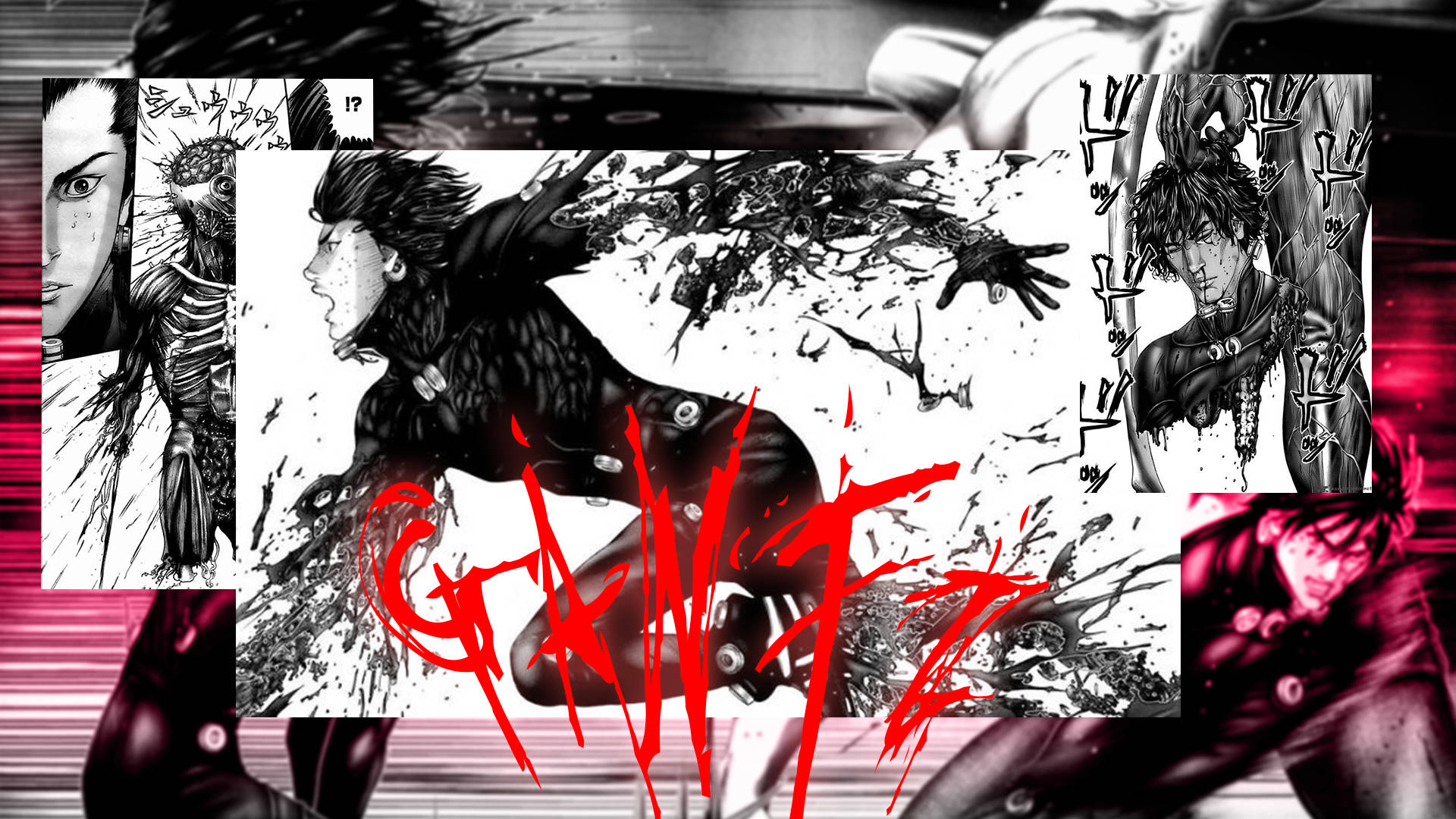 Gantz, black and white manga panel collage, muscular fighter in motion, Full HD Desktop Wallpaper