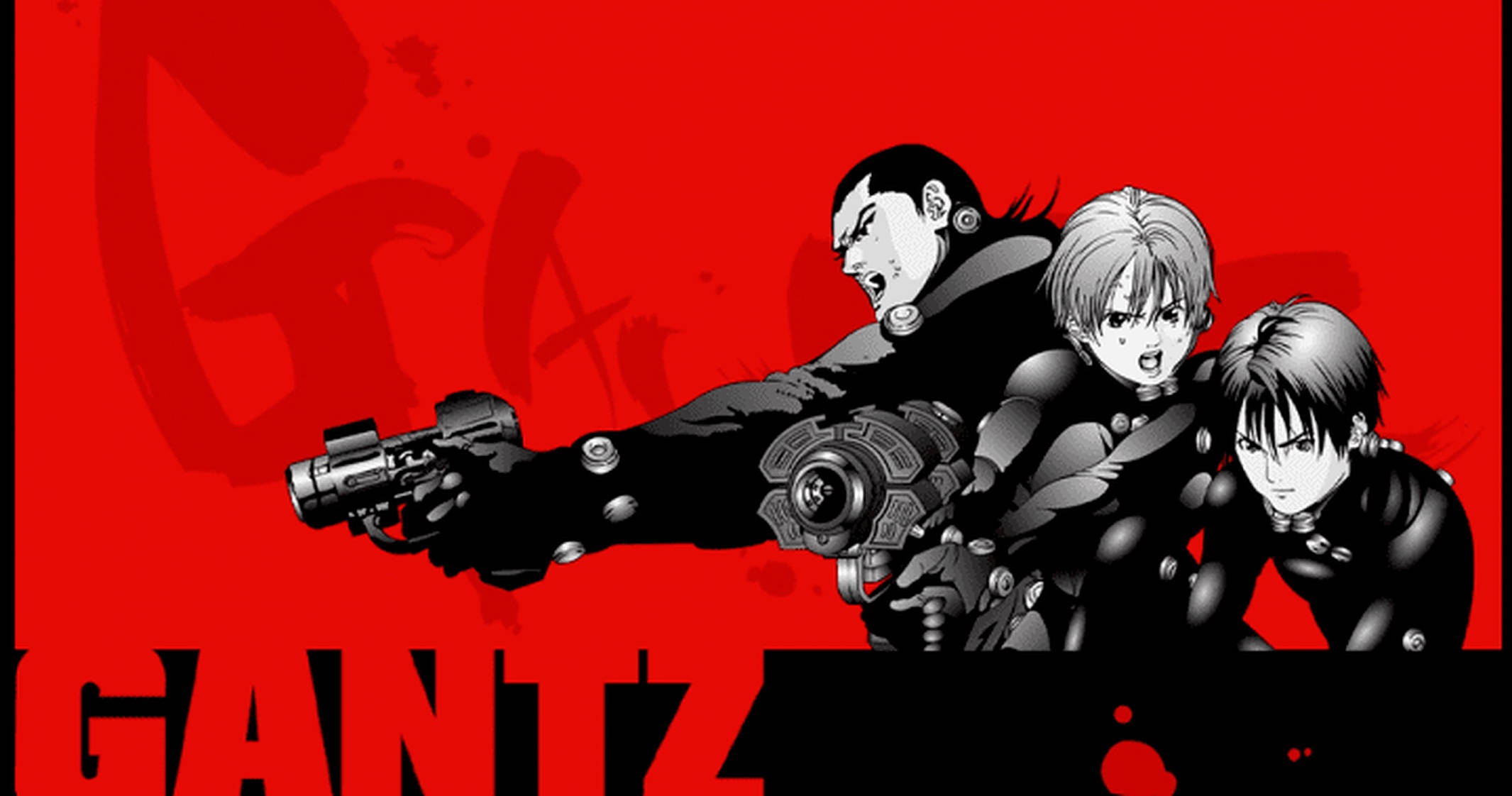 Gantz, red background, black suits, Full HD Desktop Wallpaper