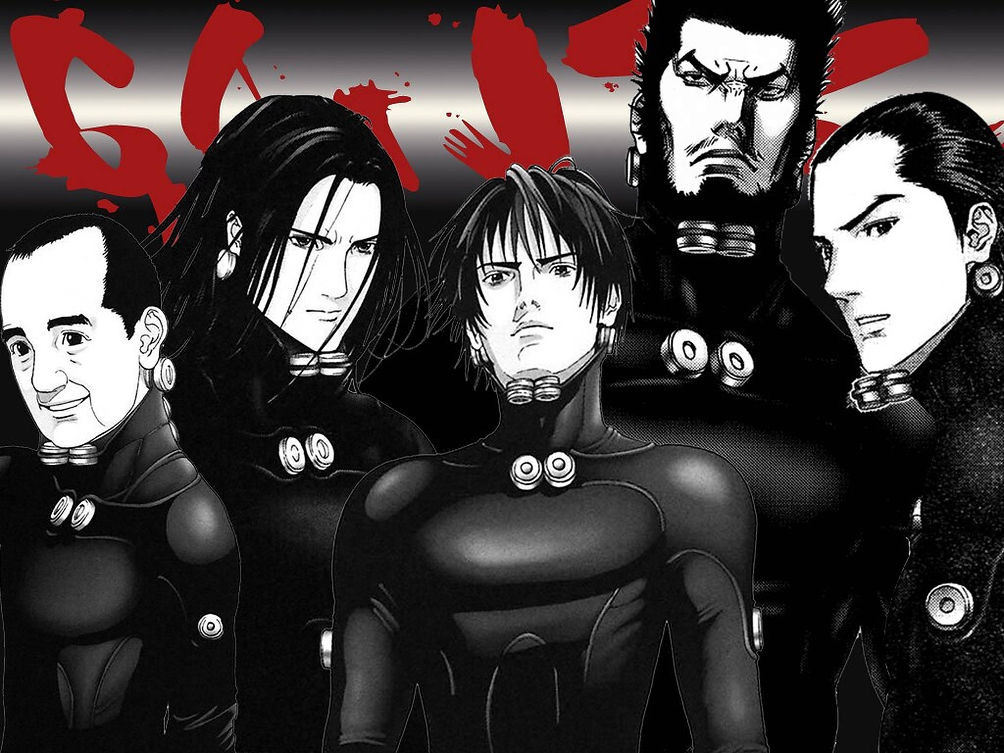 Gantz, monochrome art, black tactical suits, Full HD Desktop Wallpaper