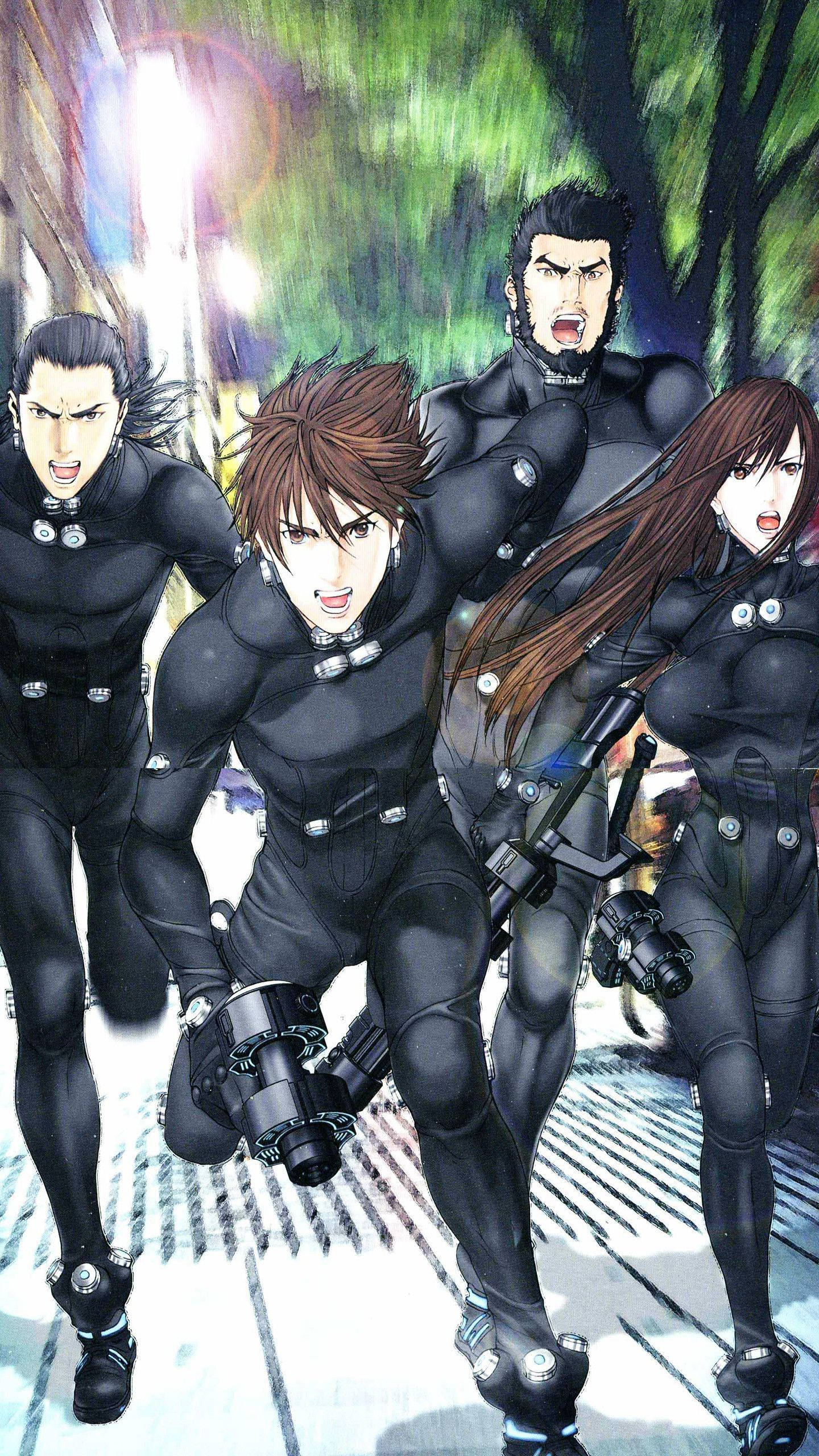 Gantz, black tactical gear, glowing forest, 2K Phone Wallpaper