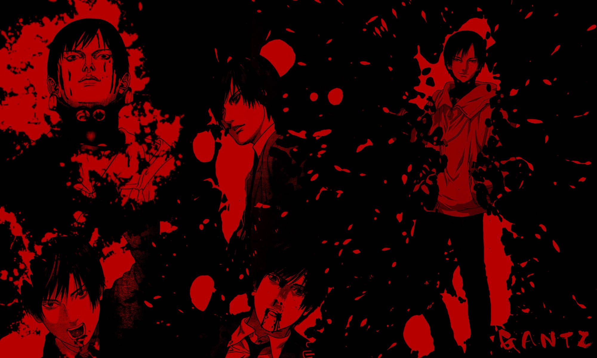 Gantz, black background, red splatter, Full HD Desktop Wallpaper