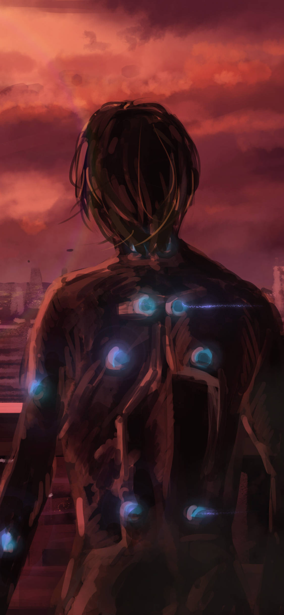 Gantz, glowing blue nodes, fiery orange and red sunset sky, Full HD Phone Wallpaper