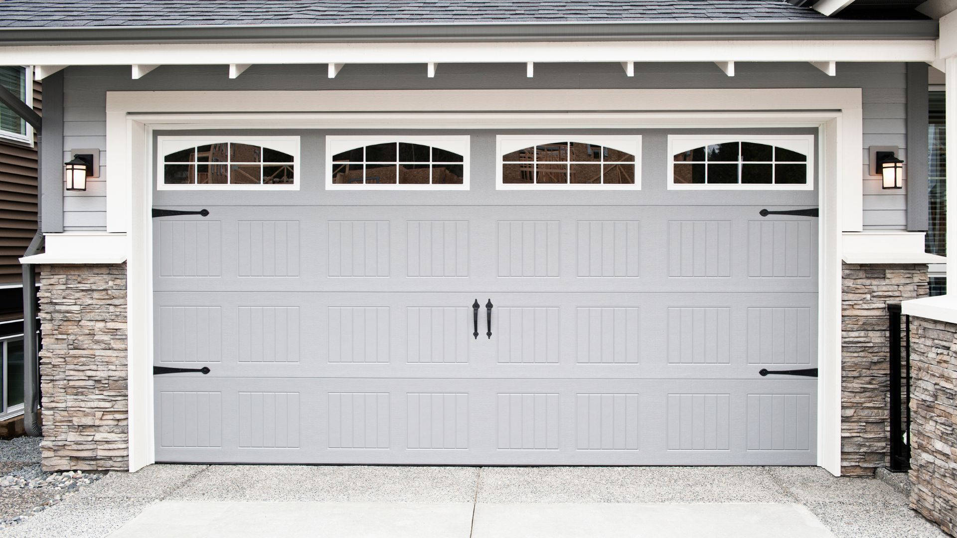 modern gray garage door, arched windows, black hardware, Full HD Desktop Wallpaper