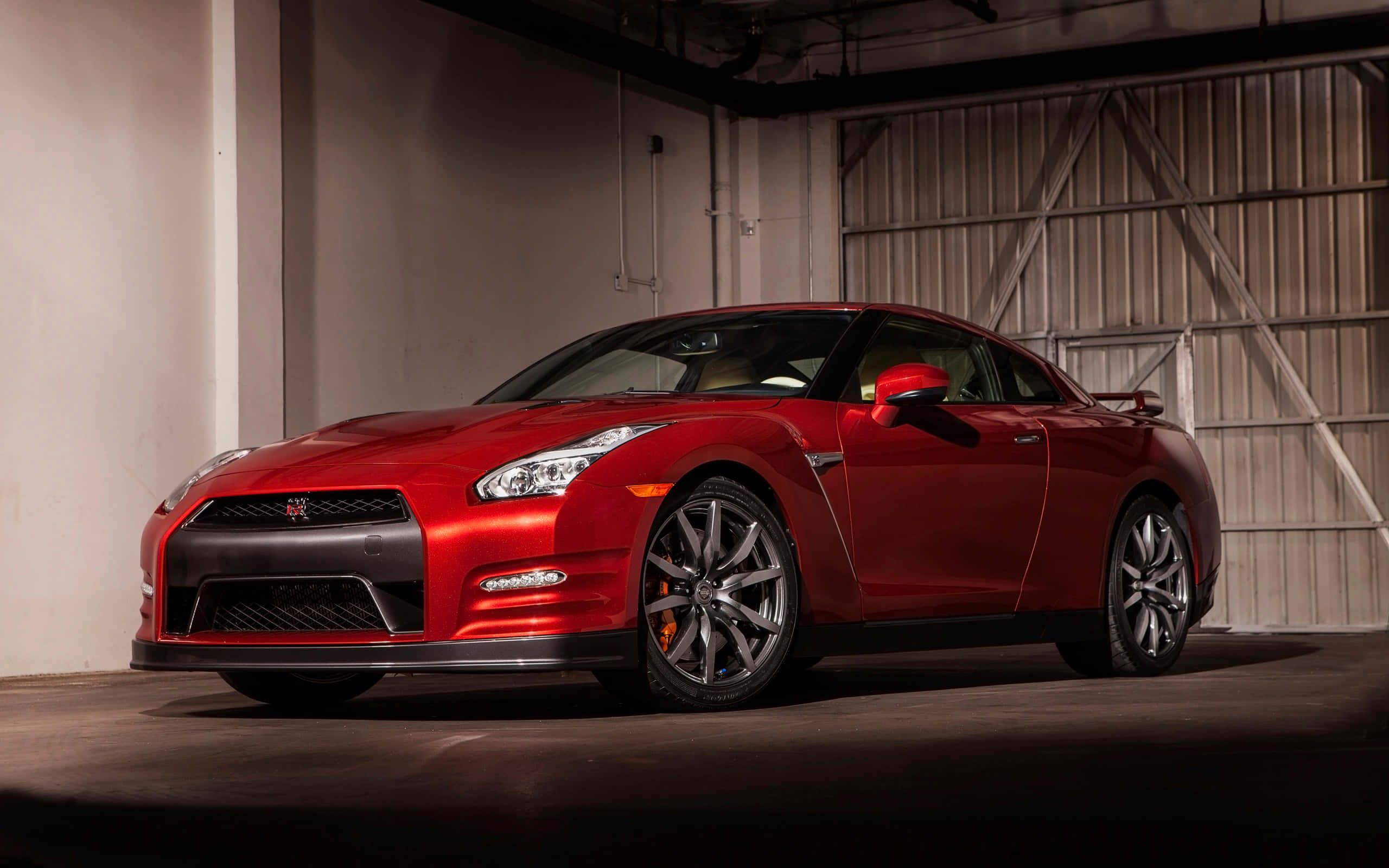 2015 Nissan R35 GTR, glossy red, industrial garage, 2K Desktop Wallpaper
