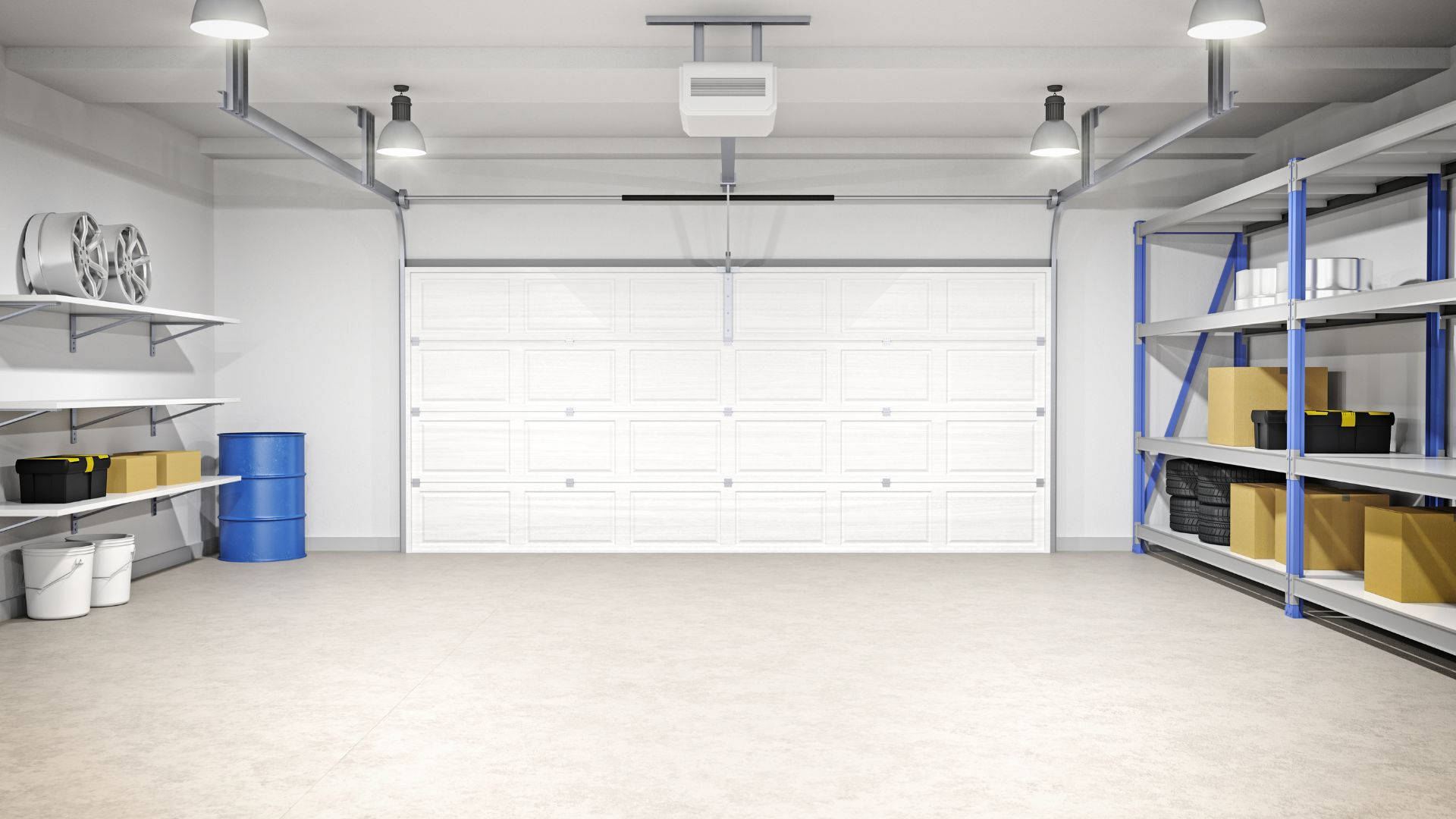 modern minimalist white aesthetic garage, white walls, shelves holding boxes and tools, Full HD Desktop Wallpaper