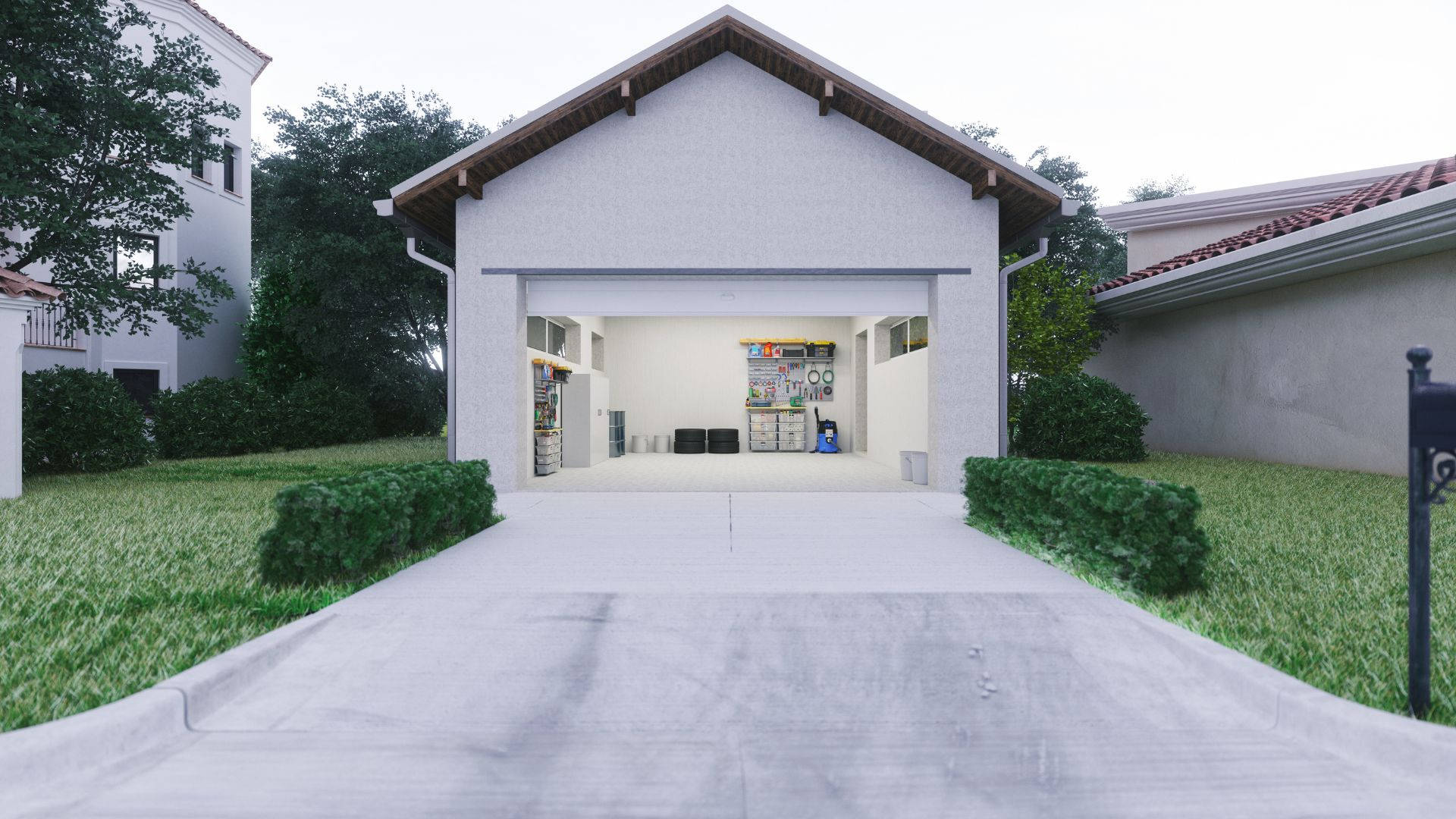 modern minimalist open garage, concrete driveway, white garage, Full HD Desktop Wallpaper